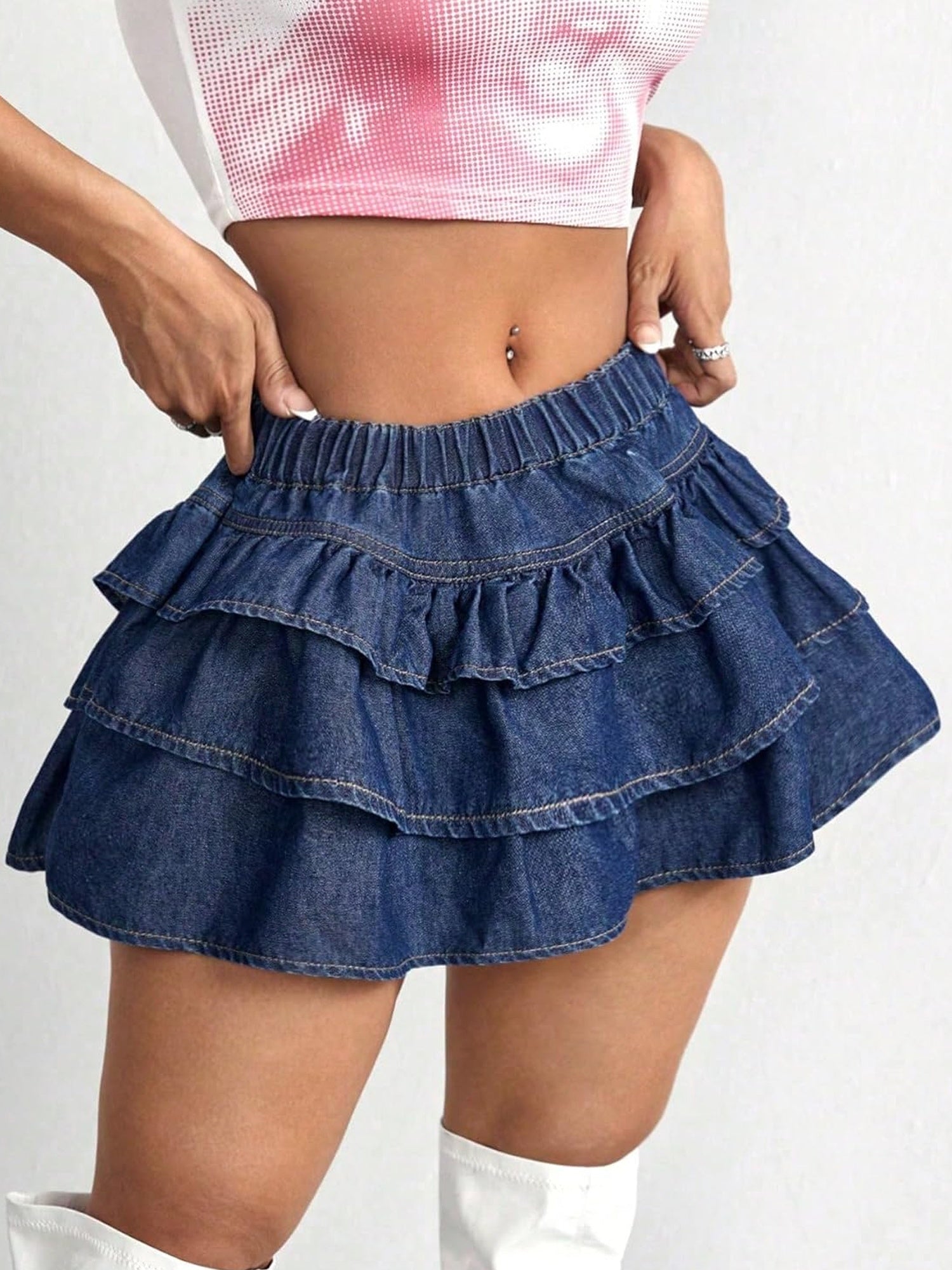 Women'S Y2K Solid Color Pleated Denim Skirt Low Rise A-Line Jeans Skirt Casual Tiered Hem Tiered Mini Skirt