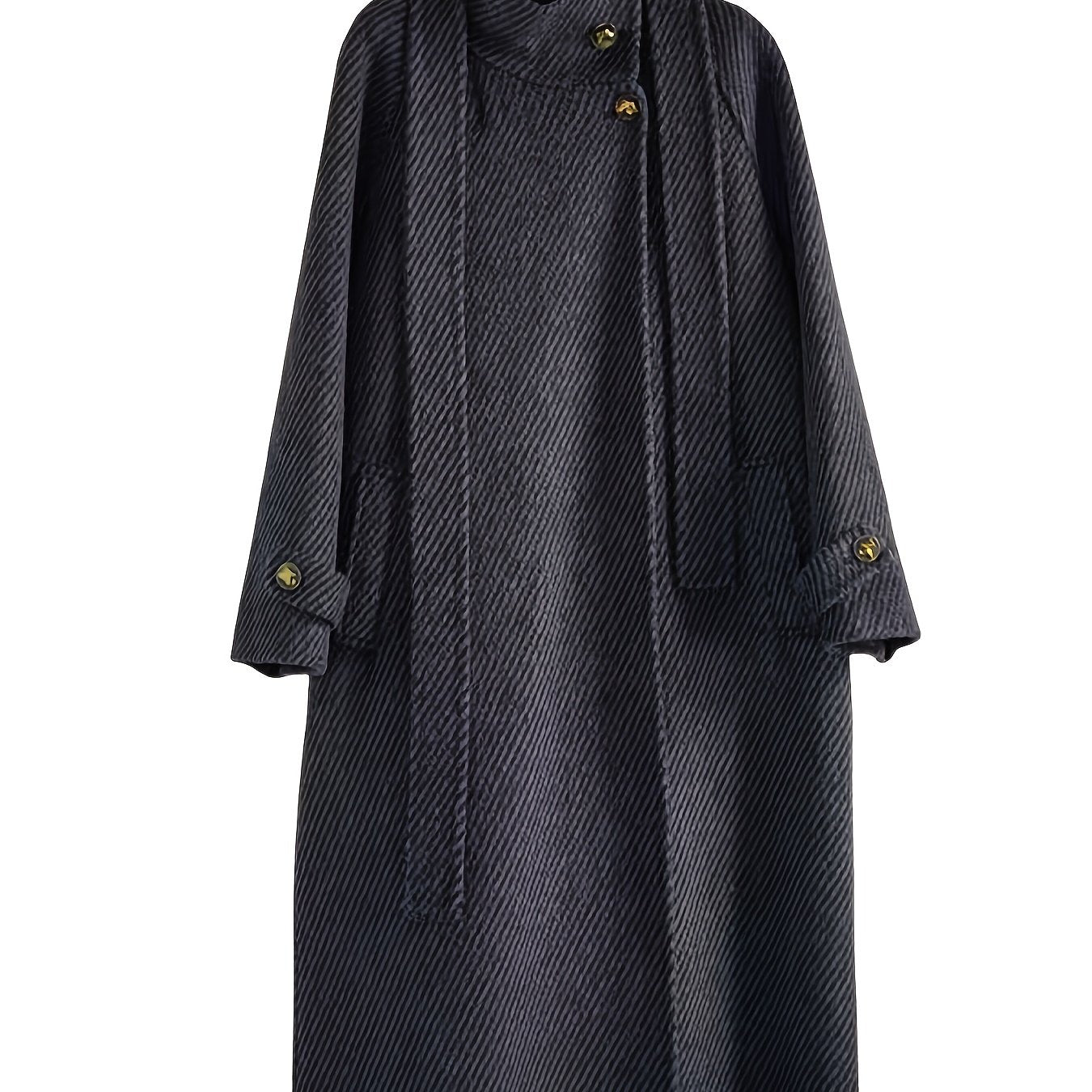 Autumn and Winter New Korean Style Stand Collar Loose Fit Long Over-the-Knee Wool Coat with Large Ribbed Pattern for Women