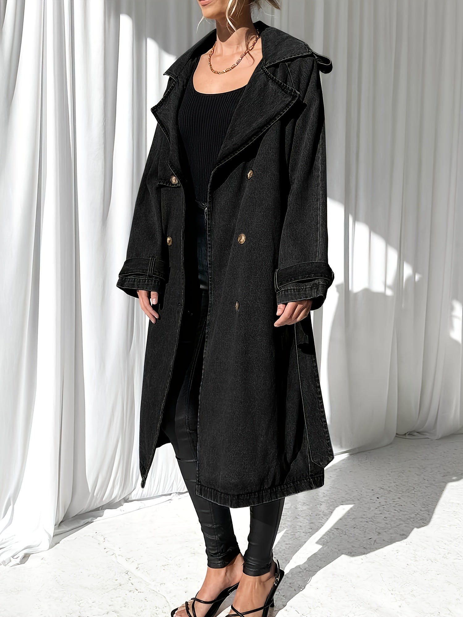 Women'S Long Double Breasted Denim Jacket Button Maxi Jean Coat Oversized Classic Lapel Outercoat