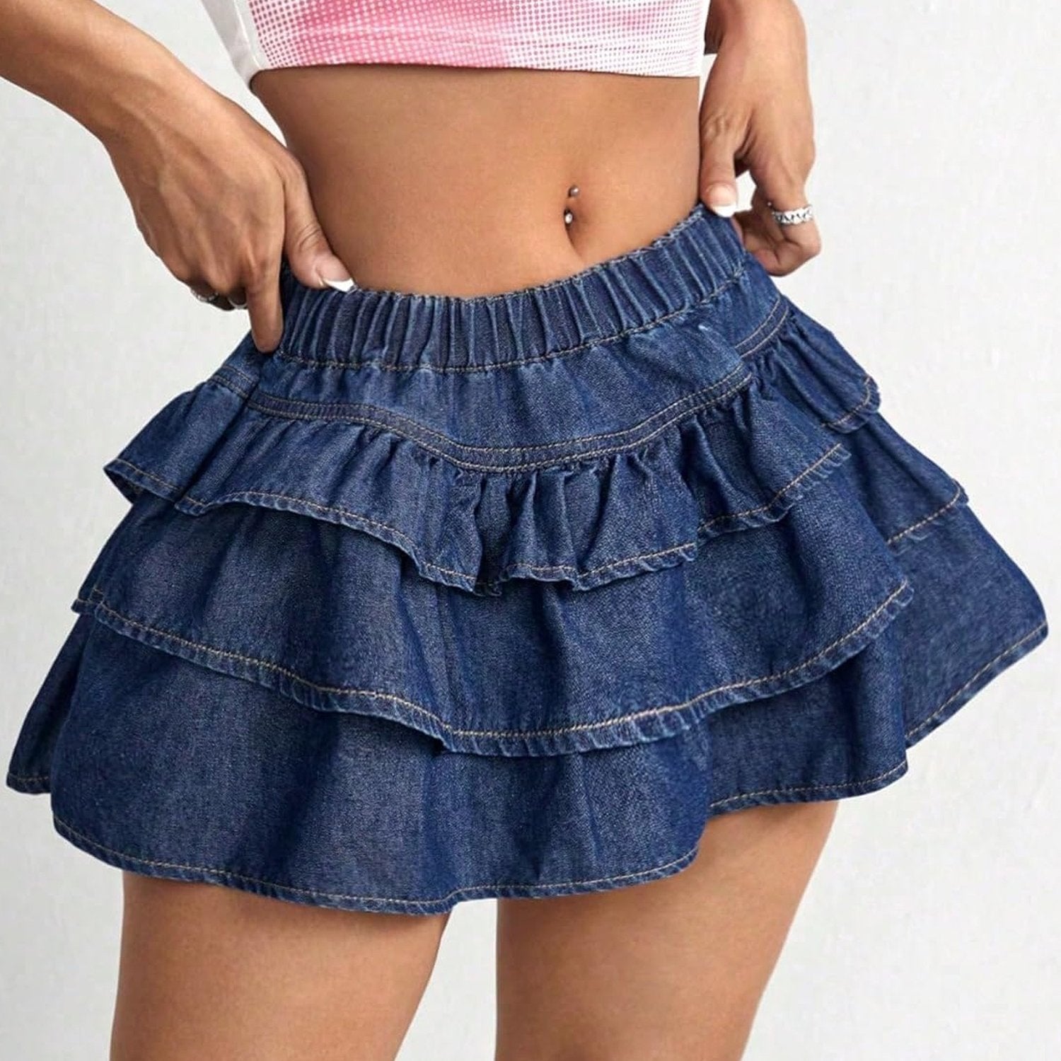 Women'S Y2K Solid Color Pleated Denim Skirt Low Rise A-Line Jeans Skirt Casual Tiered Hem Tiered Mini Skirt