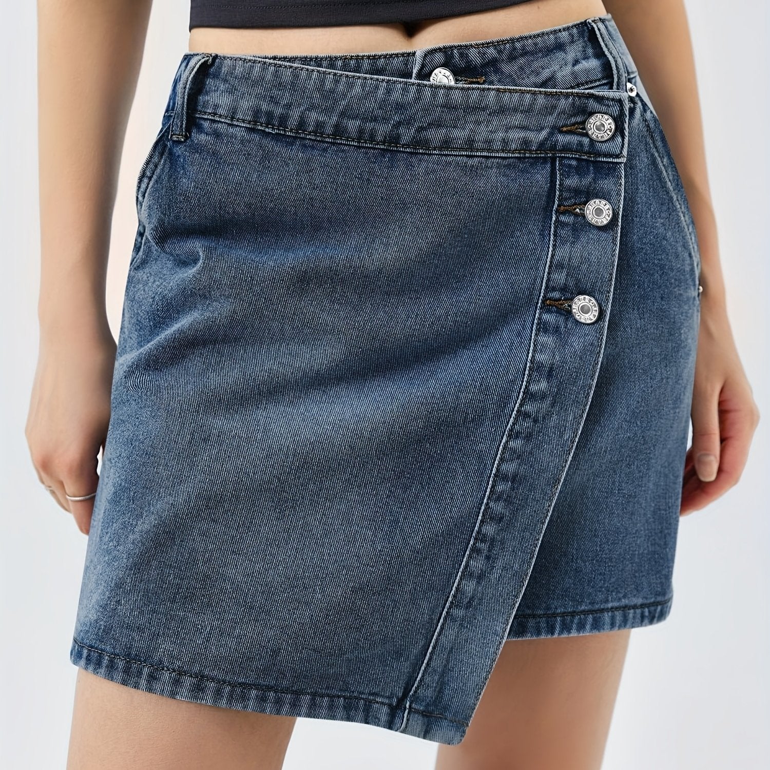 Women'S Casual Denim Jean Skirt, Wrap Button Asymmetrical Hem Mini Skirt, Summer Fashion Skirt