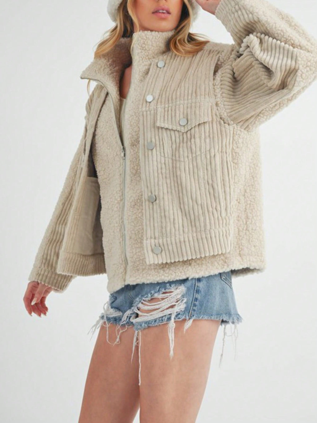 Womens Casual Teddy Bear Chic Cozy Sherpa Fleece Jacket High Neck Oversized Plush Fuzzy Outerwear Cream White Long Sleeve Zip Up Winter Fall Spring Outdoor Daily Wear Fluffy Textured Coat