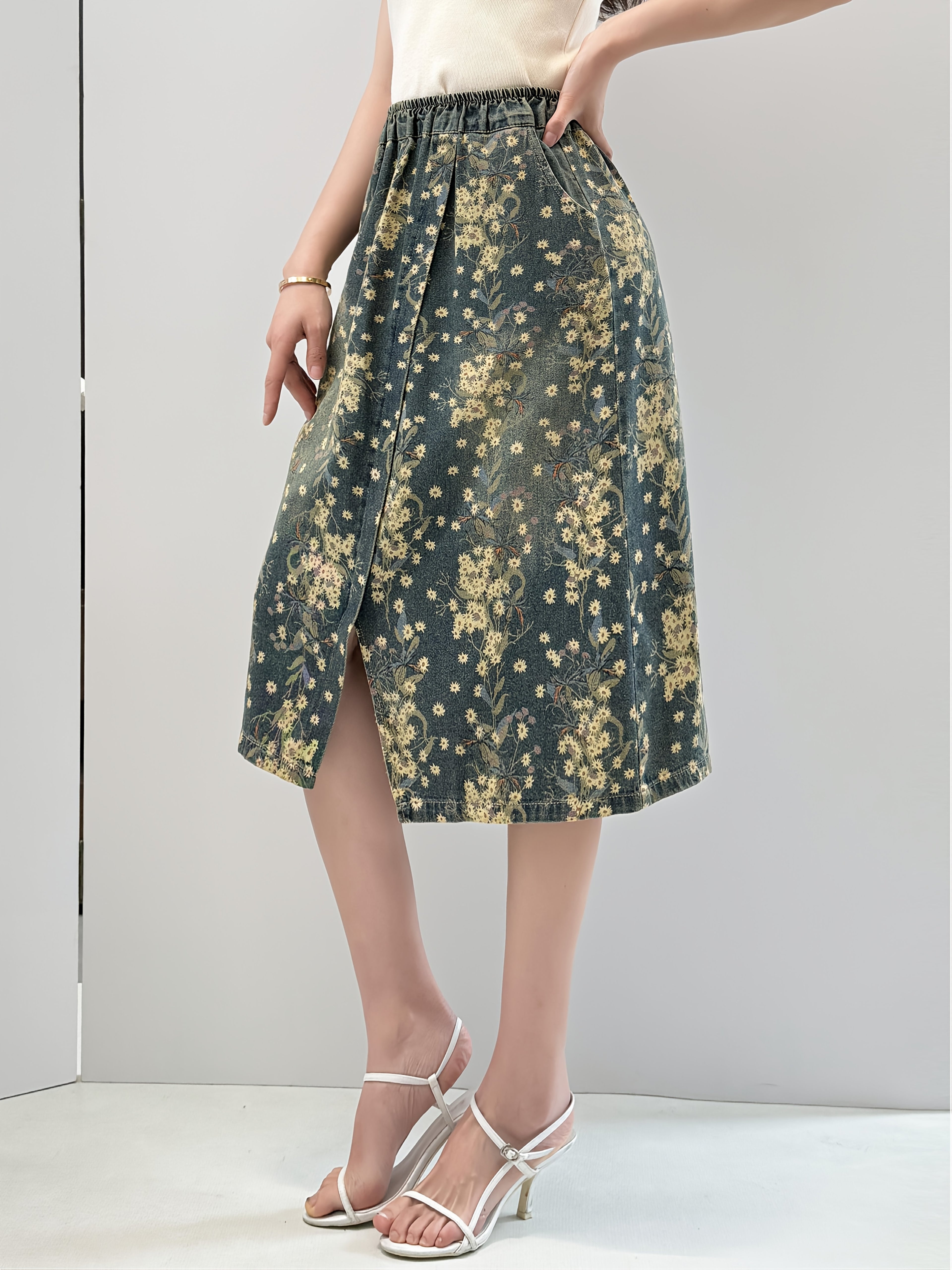 Boho Chic Overall Print LightWeight Denim Midi Skirt For Spring And Summer - Side Slit, A-Line With Pockets, Machine Washable Elegant Women'S Loose-Fitting Jean Skirt