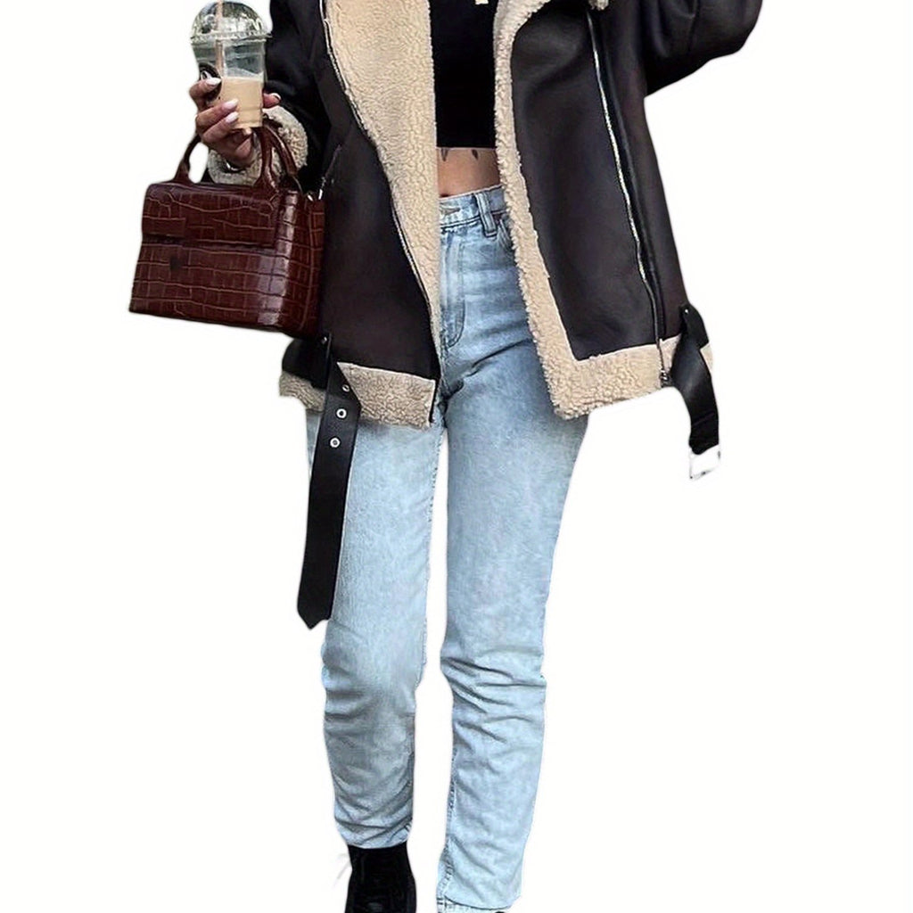 1pc Fashion Faux Shearling Biker Jacket Women'S Casual Faux Shearling Polyester Biker Jacket with Chain Detail - Solid Color, V-Neck, Long Sleeve, Fall\u002FWinter Season, Casual Style, Woven Fabric