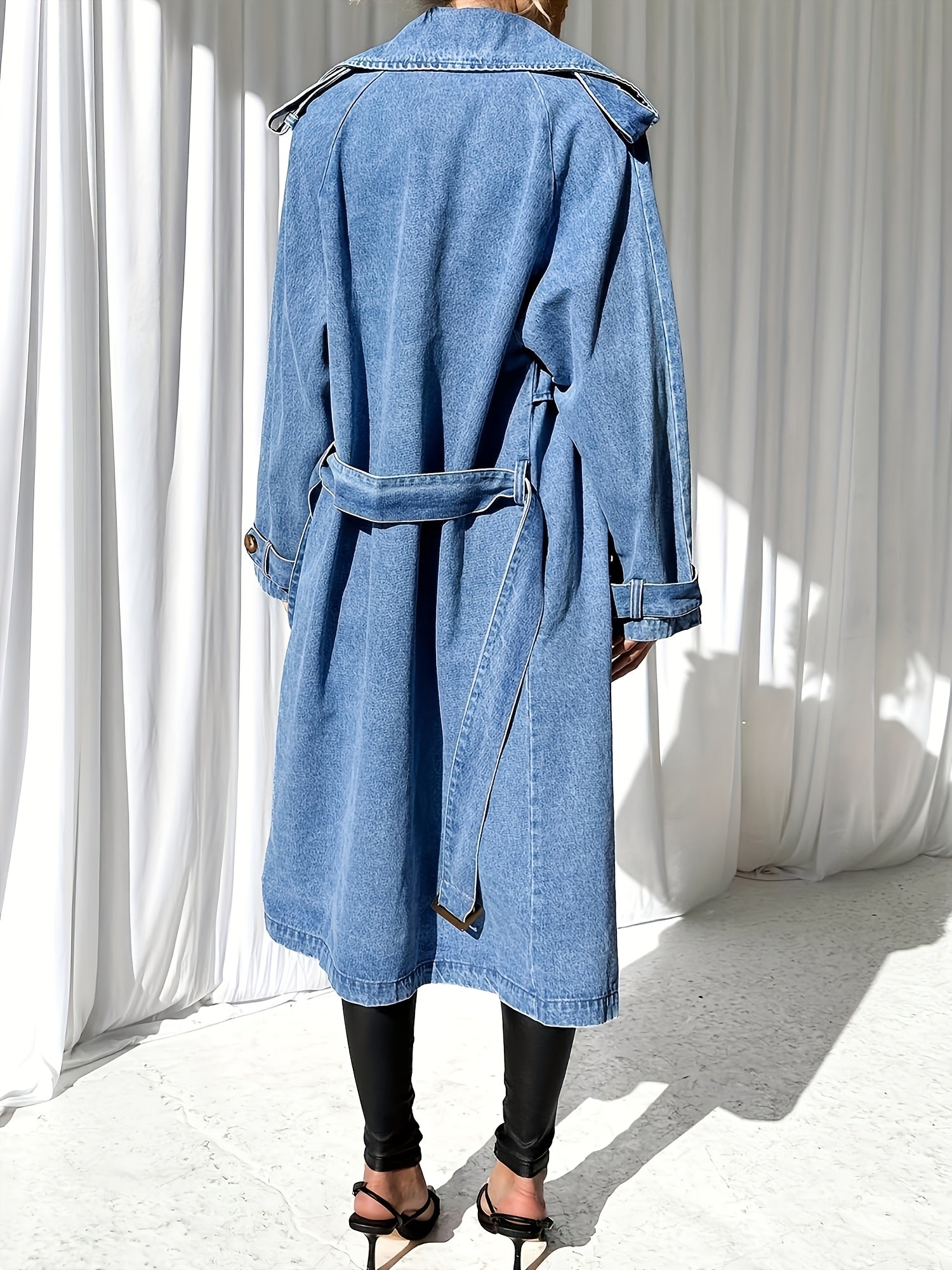 Women'S Long Double Breasted Denim Jacket Button Maxi Jean Coat Oversized Classic Lapel Outercoat