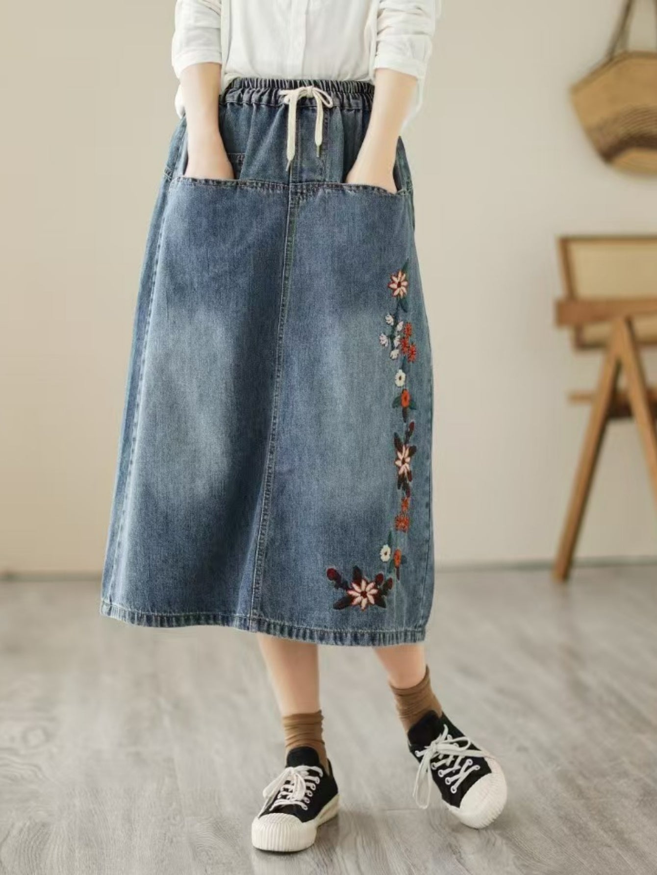 Bohemian Flower Embroidery Denim Midi Skirt - Draw Rope Elastic Waist, Embroidered Pockets, Non-Stretch, Machine Washable - Chic Straight Cut Skirt For Spring\u002F Summer