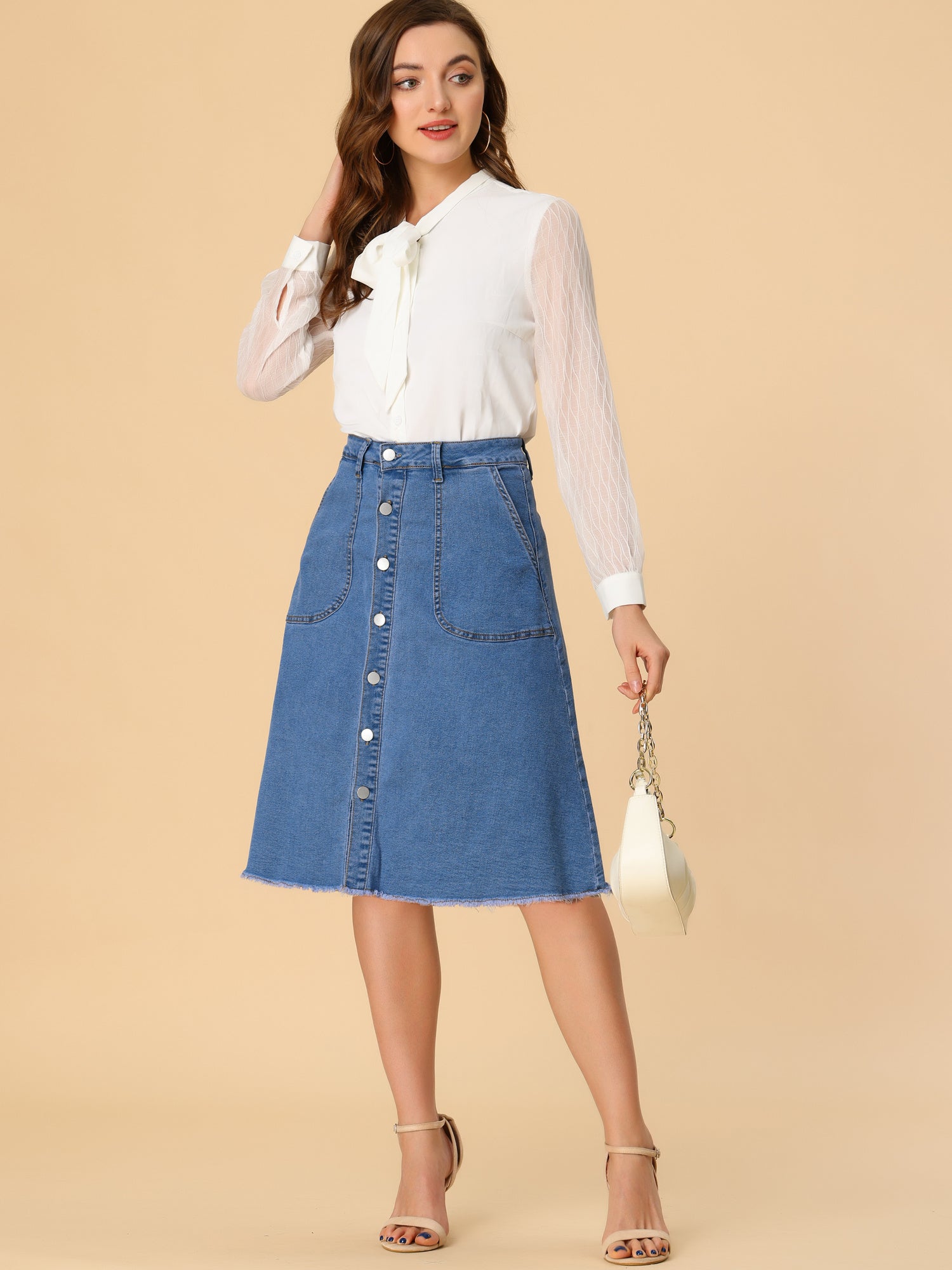 Women'S Denim Skirts Raw Hem Button Midi Jeans Skirt