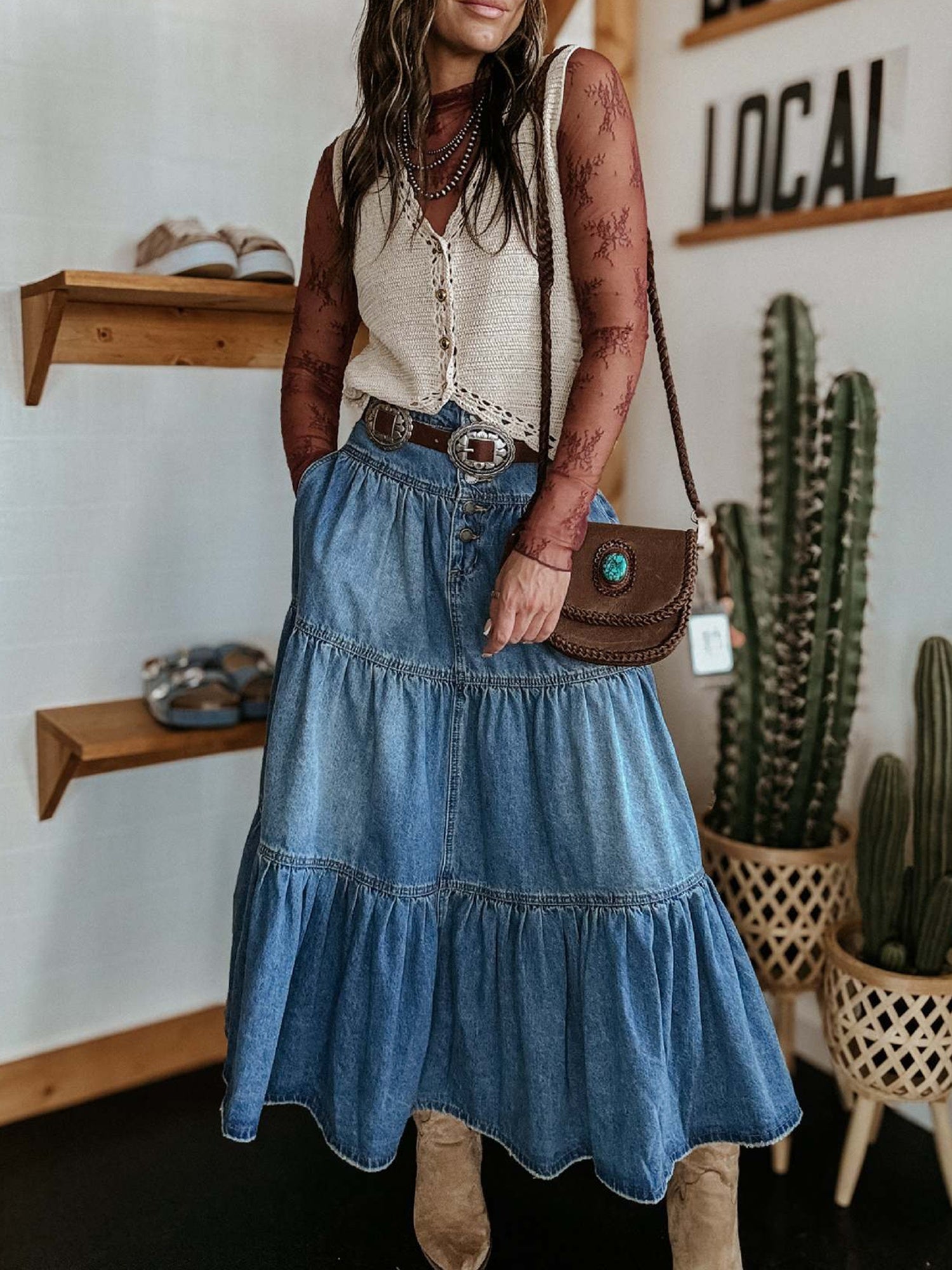 Women's High Waist A-Line Denim Skirt - Vintage Style, Solid Color with Ruffled Hem, Comfortable Polyester Fabric, Ideal for Summer Streetwear, Jean Skirt