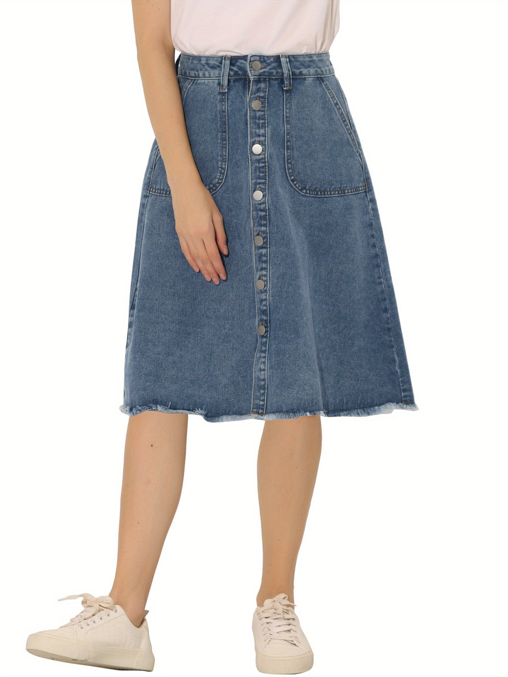 Women'S Denim Skirts Raw Hem Button Midi Jeans Skirt