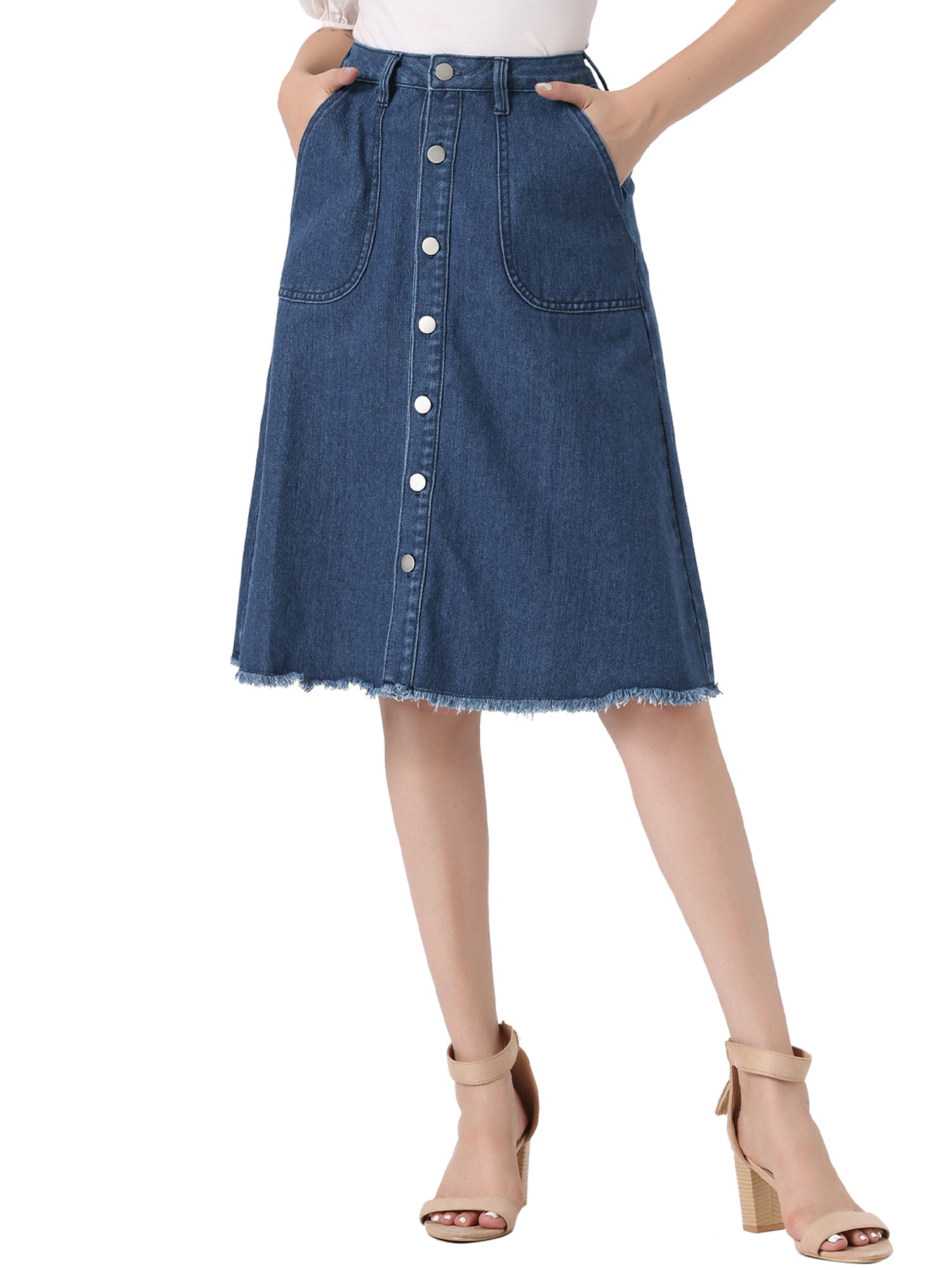 Women'S Denim Skirts Raw Hem Button Midi Jeans Skirt