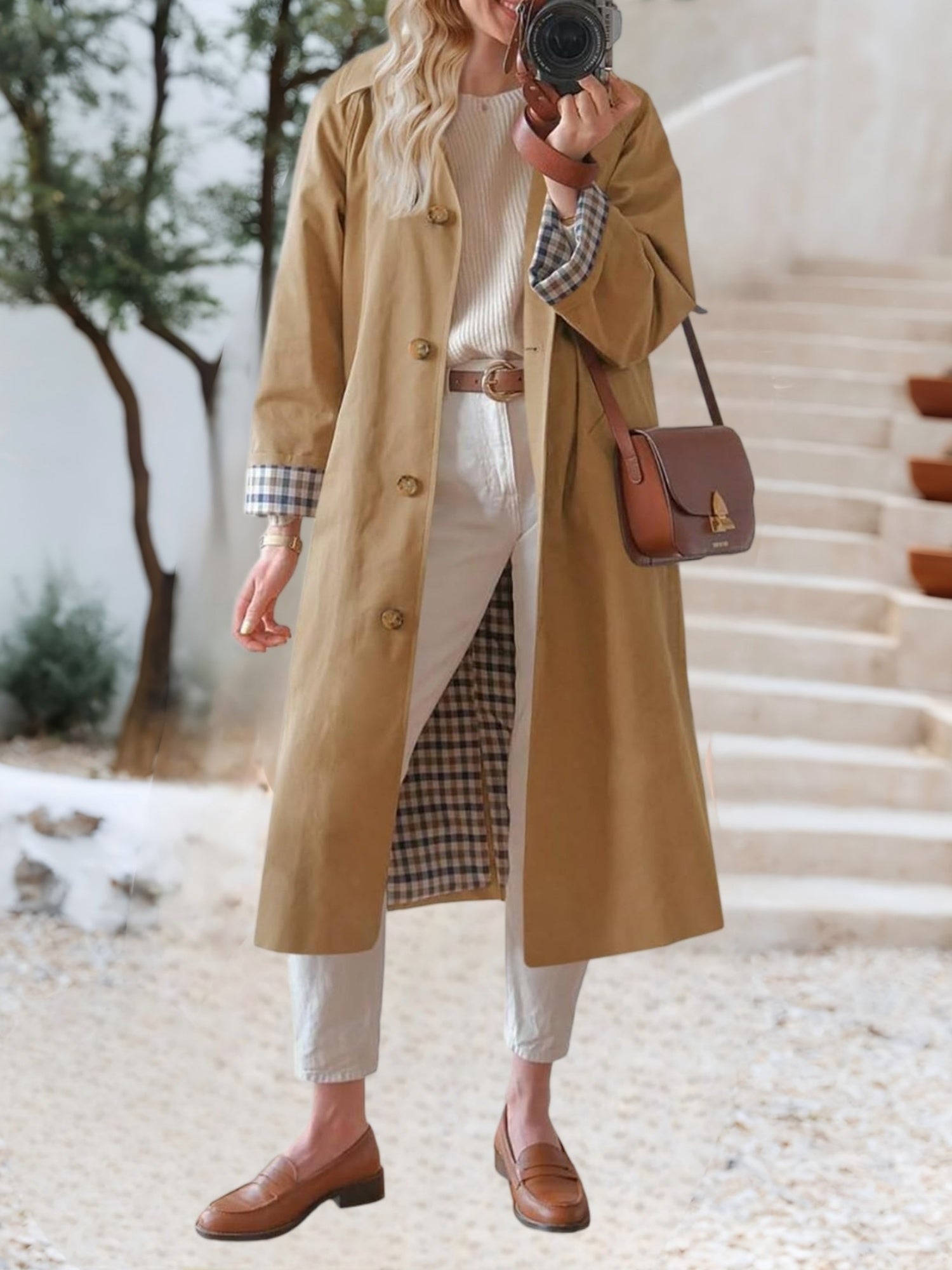 Women'S Oversized Long Trench Coat - Windproof Casual Outerwear with Single-Breasted Button Details, Beige, Long Length, Polyester, Perfect for Spring & Fall