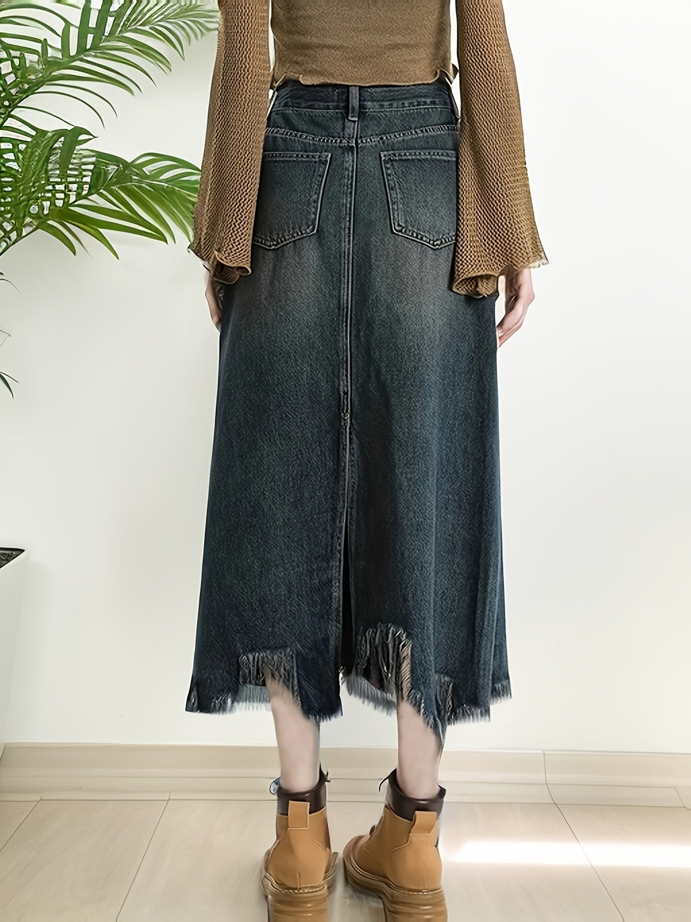 4001 Women'S Mid-Length Denim Skirt with Side Slit - Frayed Hem, Button Detail, Regular Fit, Non-Stretch Summer Skirt for Casual & Party Wear, Denim Skirt, Party Attire, Button Detail Skirt, Nonstretch Fabric