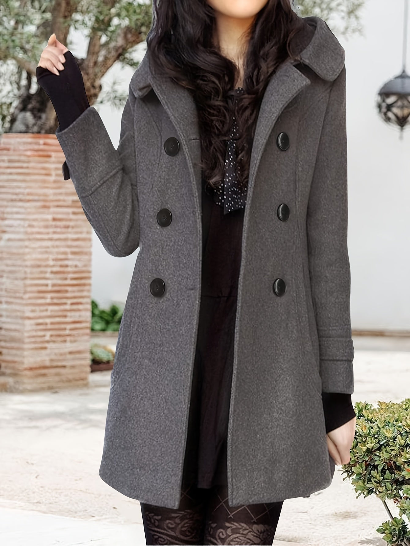 Women'S Warm Double Breasted Wool Pea Coat Trench Coat Jacket With Hood