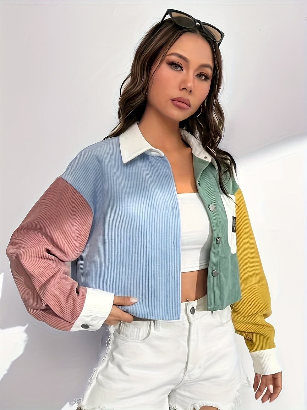 Color Block Letter Patch Off Shoulder Jacket