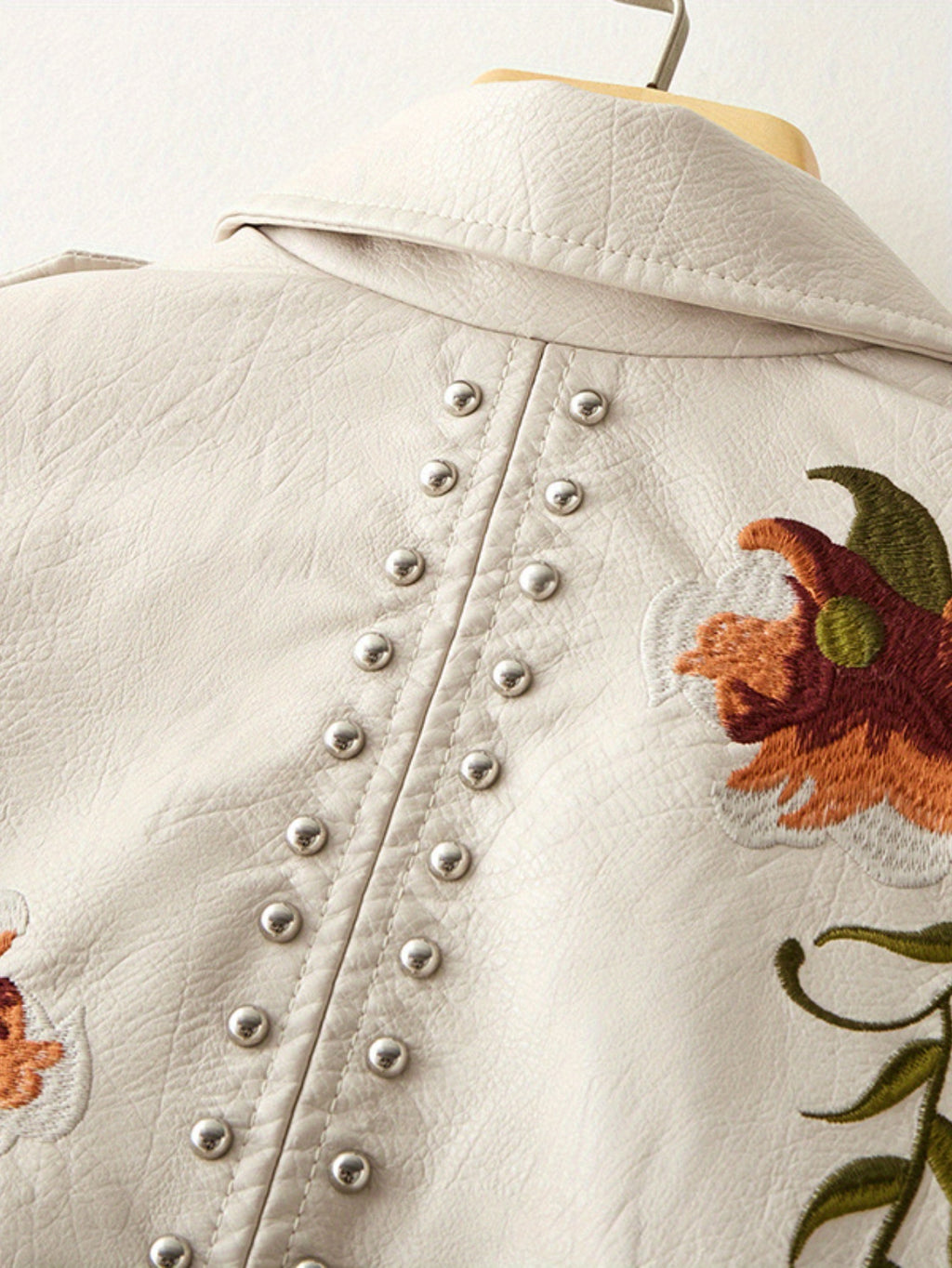 Women Floral Embroidered Moto PU Jacket Coat