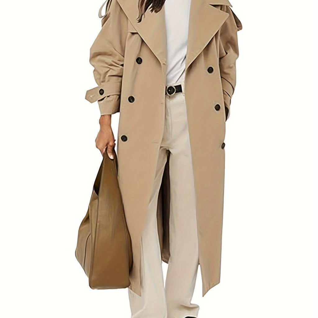 Women's Oversized Beige Trench Coat - Double Breasted, Windproof, Casual Style with Belt, Machine Washable, Polyester, Versatile Fashion | Doublebreasted Coat | Durable Polyester
