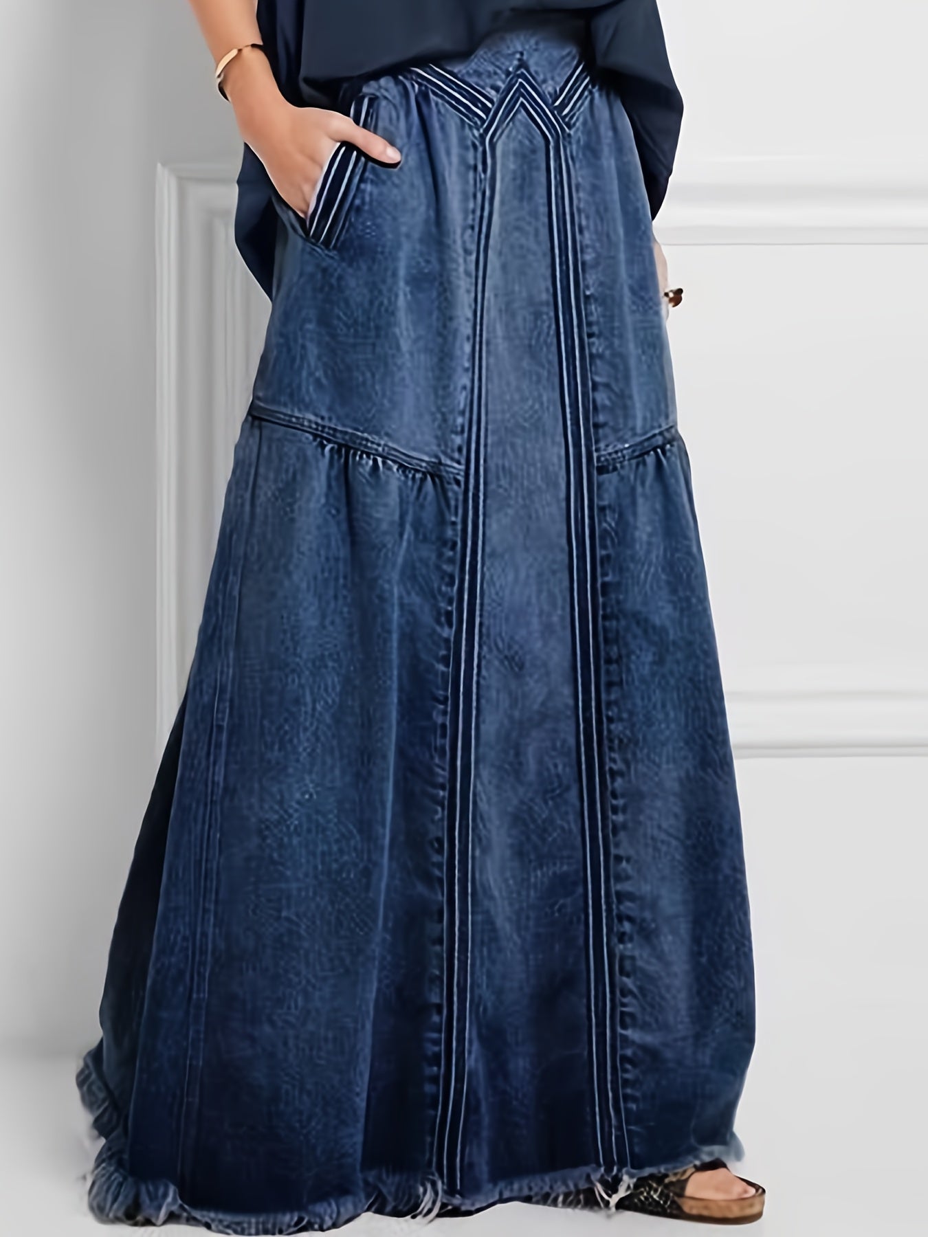 Women'S Vintage Denim Long Skirt High Waist Raw Hem A Line Jean Skirt for Summer, Spring