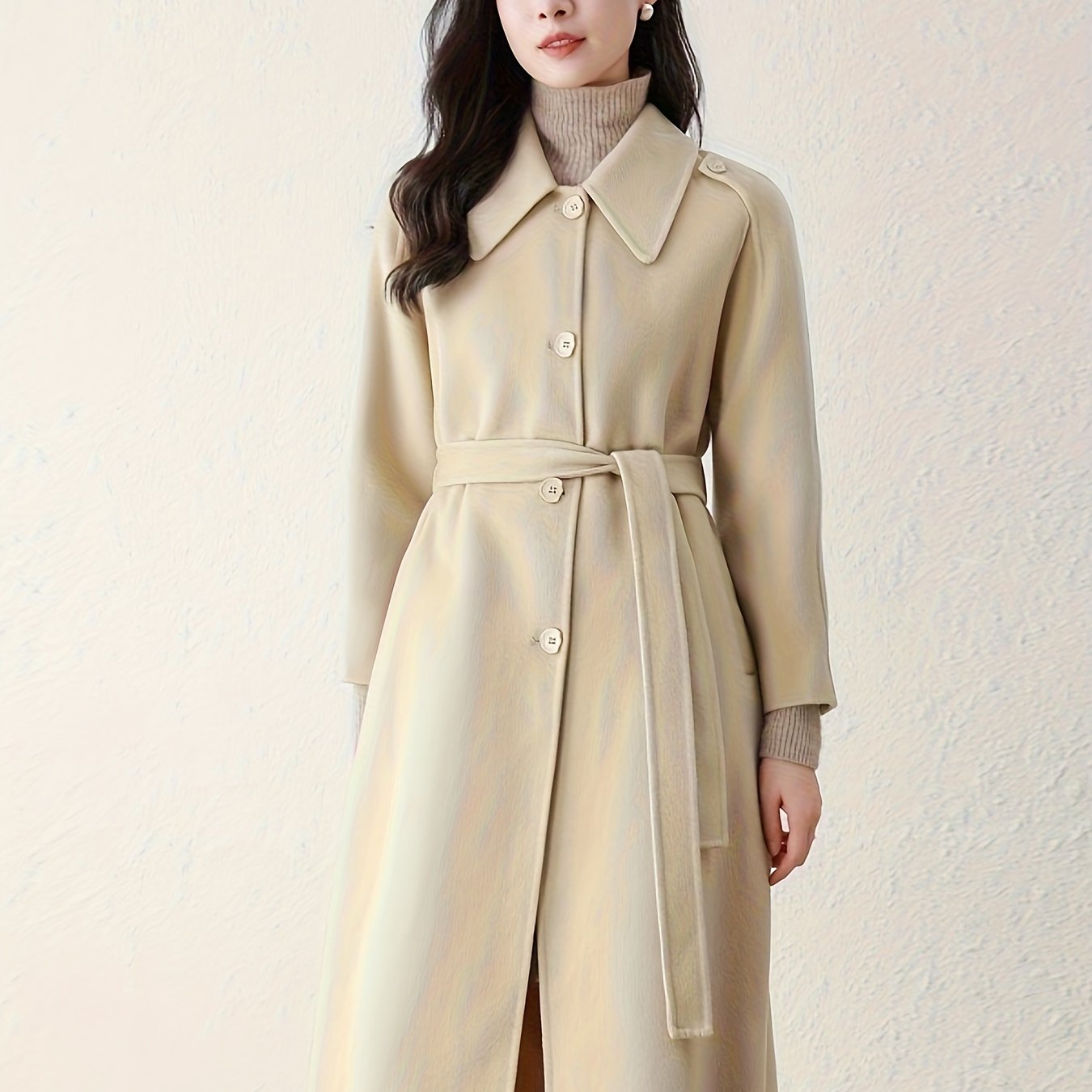 Elegant Wool Trench Coat 1pc Elegant Solid Color Wool Trench Coat - Long Sleeve, Button-Up with Belt, Non-Stretch Fabric, Loose Fit - Fall\u002FWinter Collection