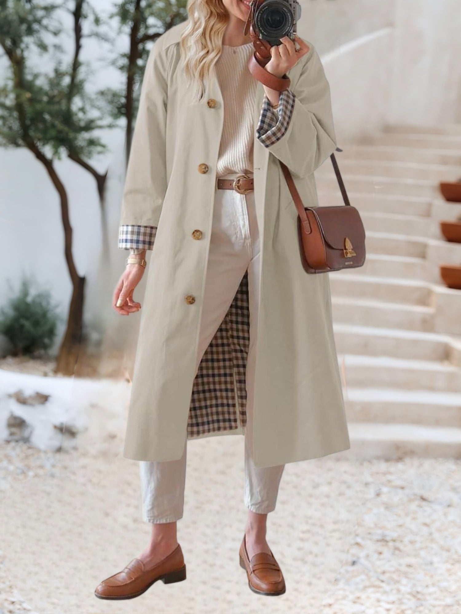Women'S Oversized Long Trench Coat - Windproof Casual Outerwear with Single-Breasted Button Details, Beige, Long Length, Polyester, Perfect for Spring & Fall
