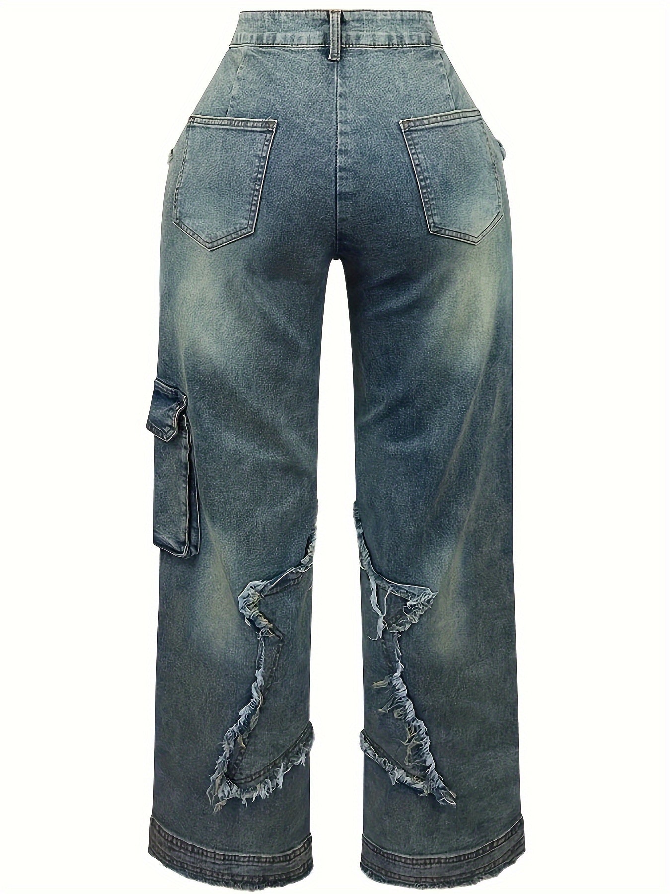 Women's High Waist Loose Jeans, Stretch Washed Star Embroidery Raw Edge Straight Jeans