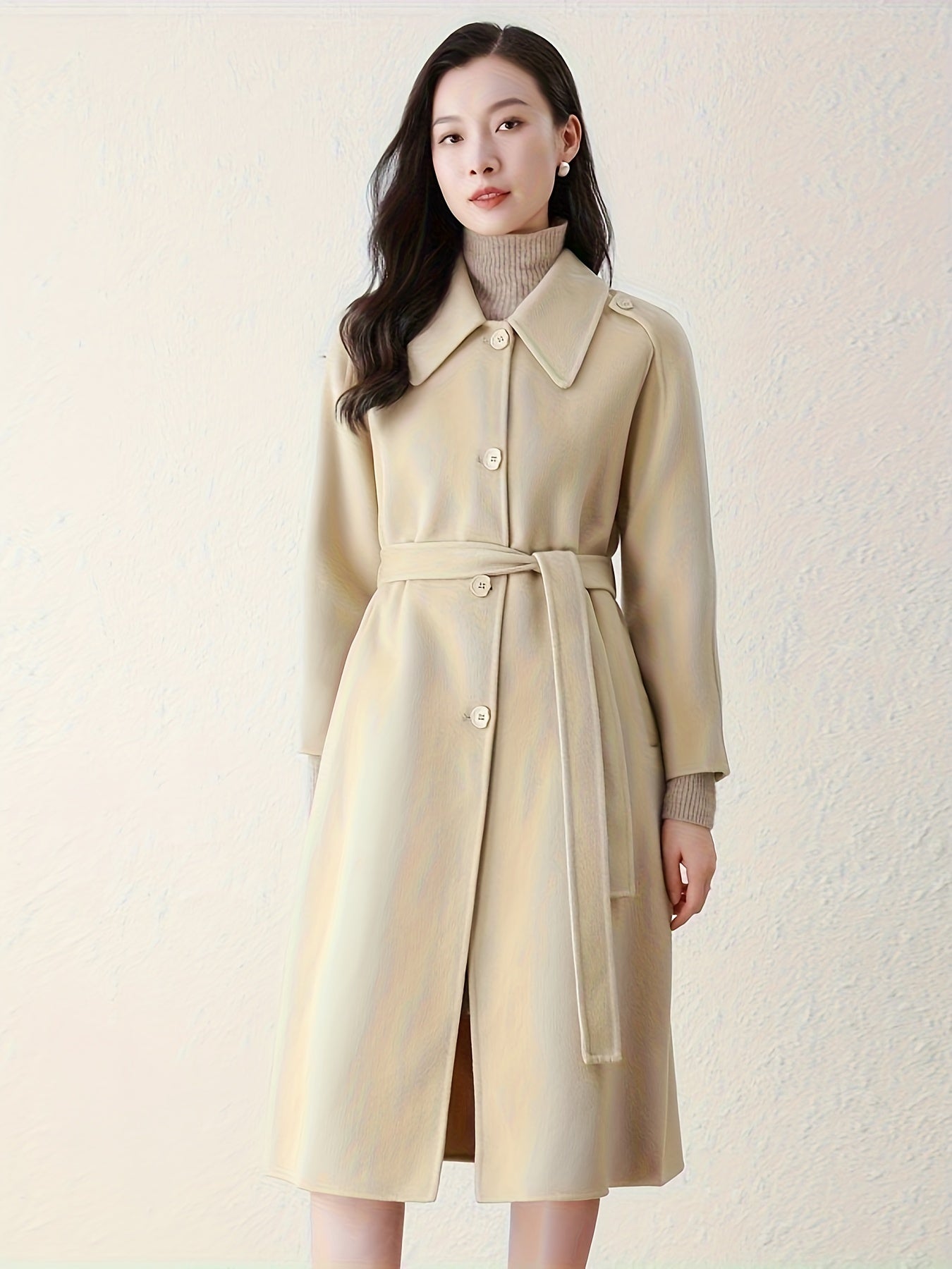 Elegant Wool Trench Coat 1pc Elegant Solid Color Wool Trench Coat - Long Sleeve, Button-Up with Belt, Non-Stretch Fabric, Loose Fit - Fall\u002FWinter Collection