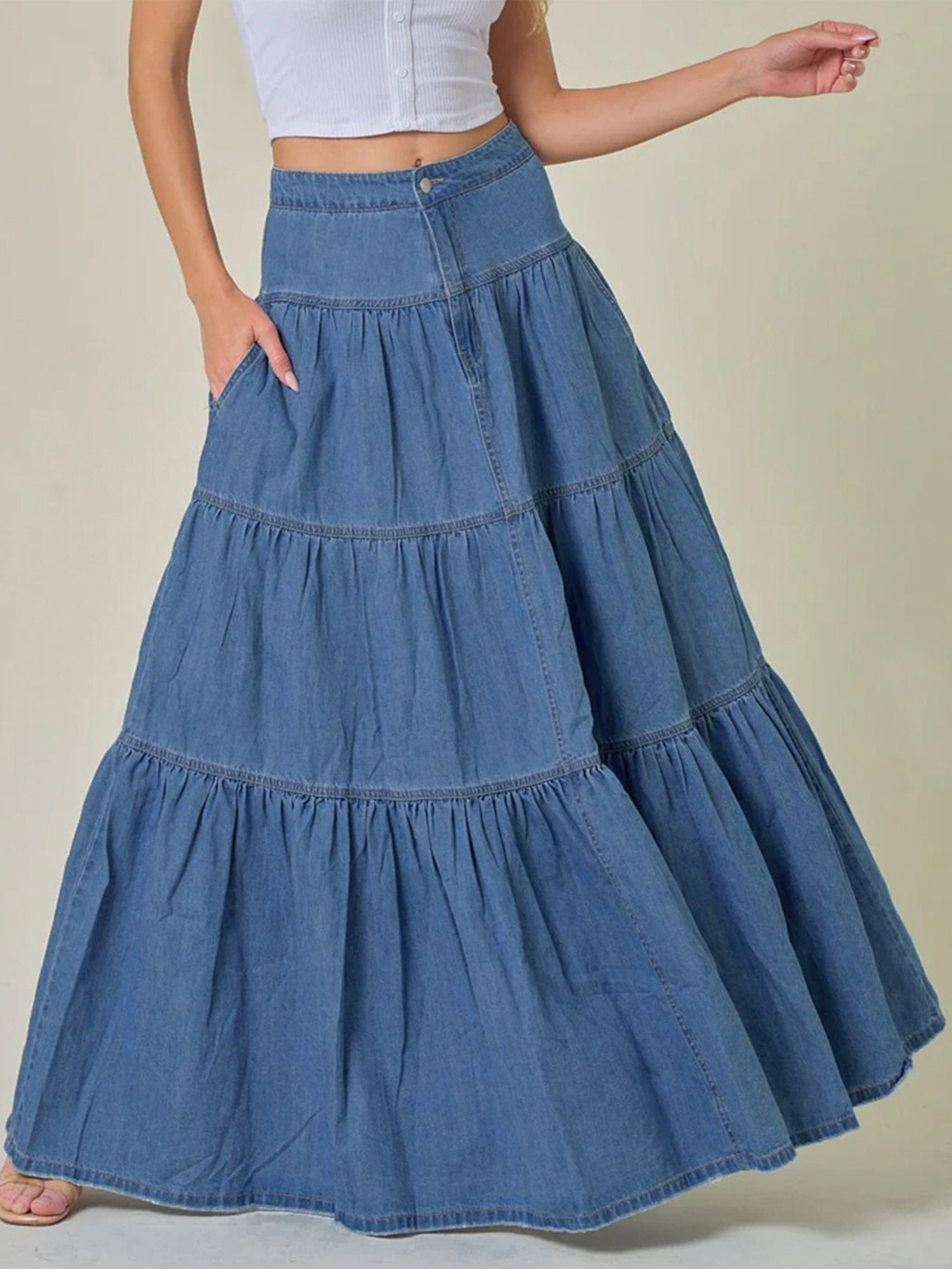 Women'S Denim Long Skirt Stylish Solid High Waist A-Line Jean Skirt for Summer Spring