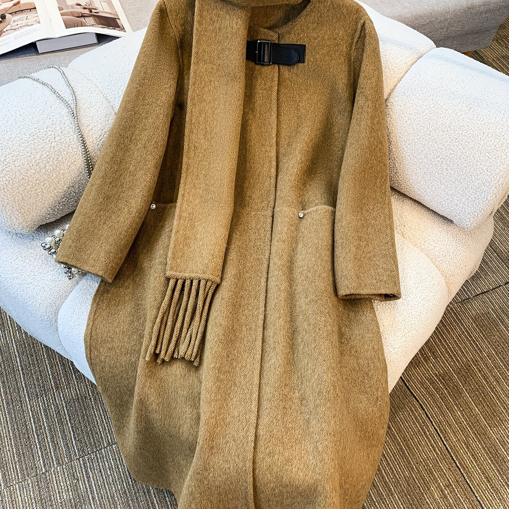 Women'S Elegant Brown Coat with Pockets - Long Sleeve, Button-Up, Stand Collar, Fluffy Cuffs, Perfect for Winter Fashion, Winter Fashion Coat|Sophisticated Style|Premium Construction