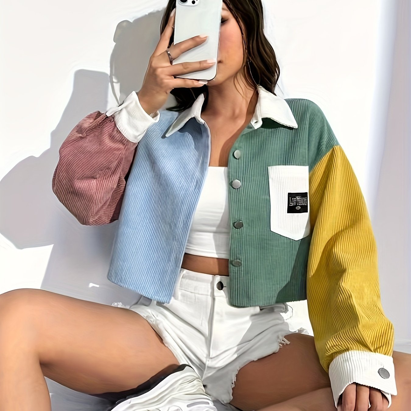 Color Block Letter Patch Off Shoulder Jacket