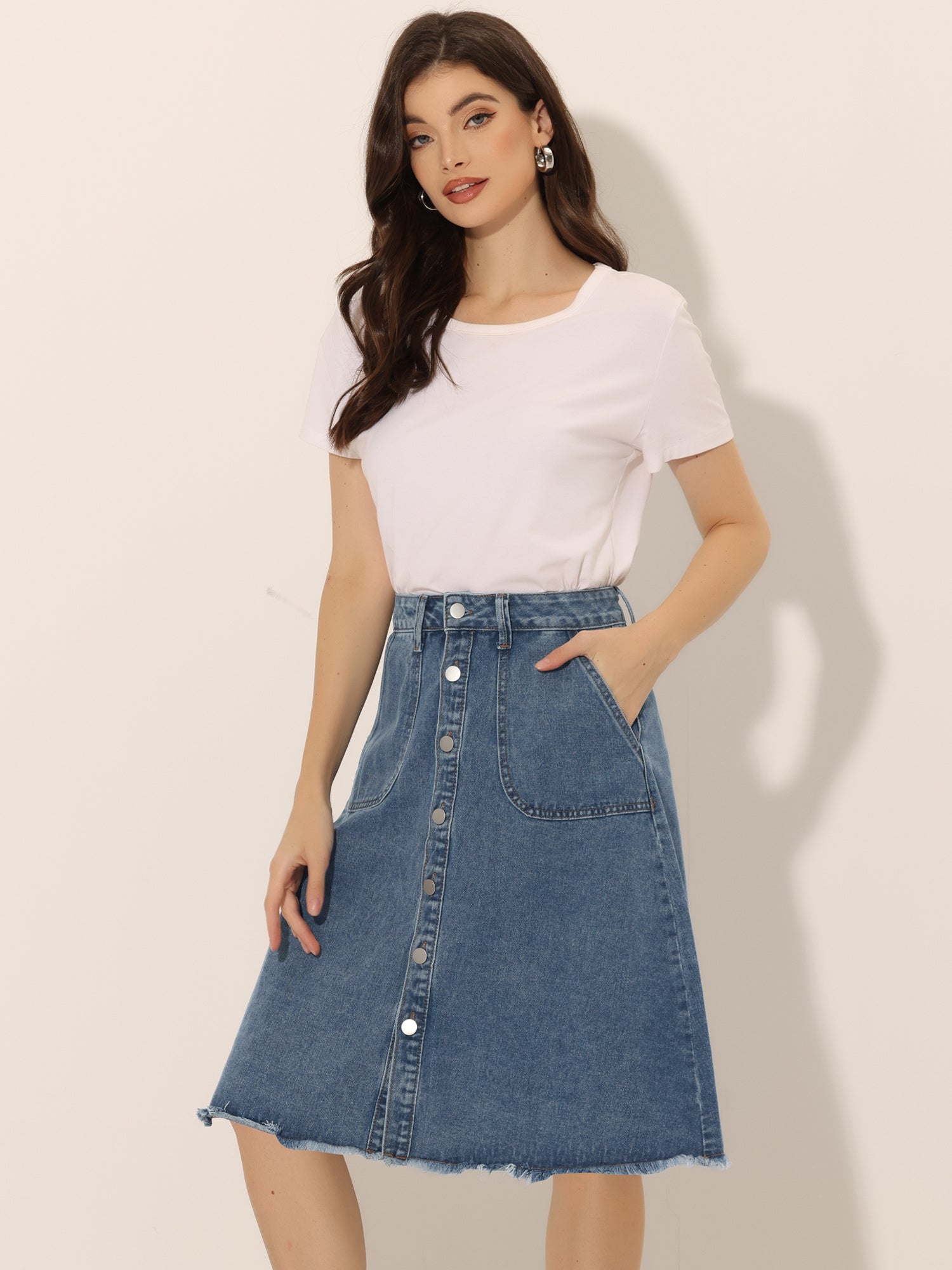 Women'S Denim Skirts Raw Hem Button Midi Jeans Skirt