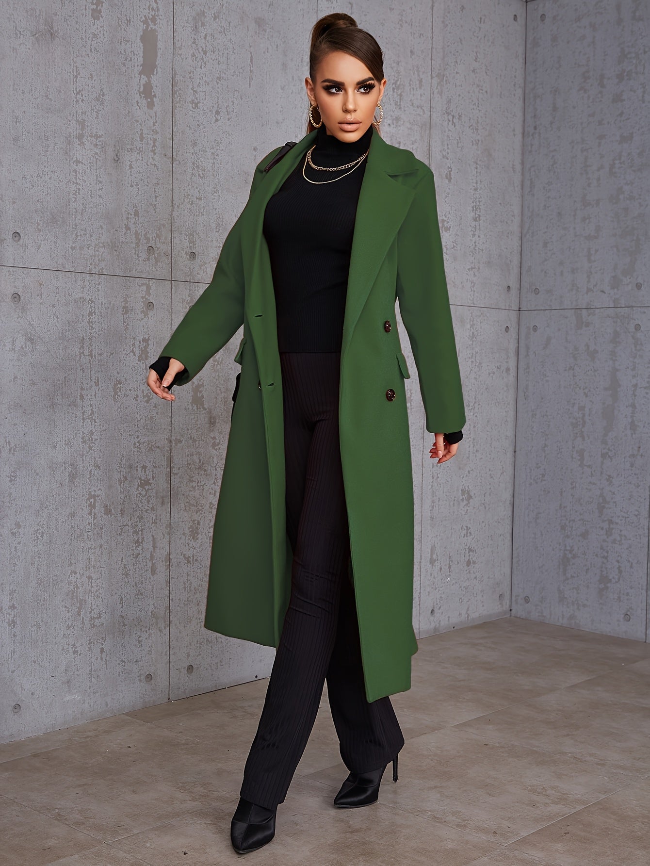 Women'S Double Breasted Over Knee Long Trench Coat Classic Lapel Slim Overcoat With Pockets