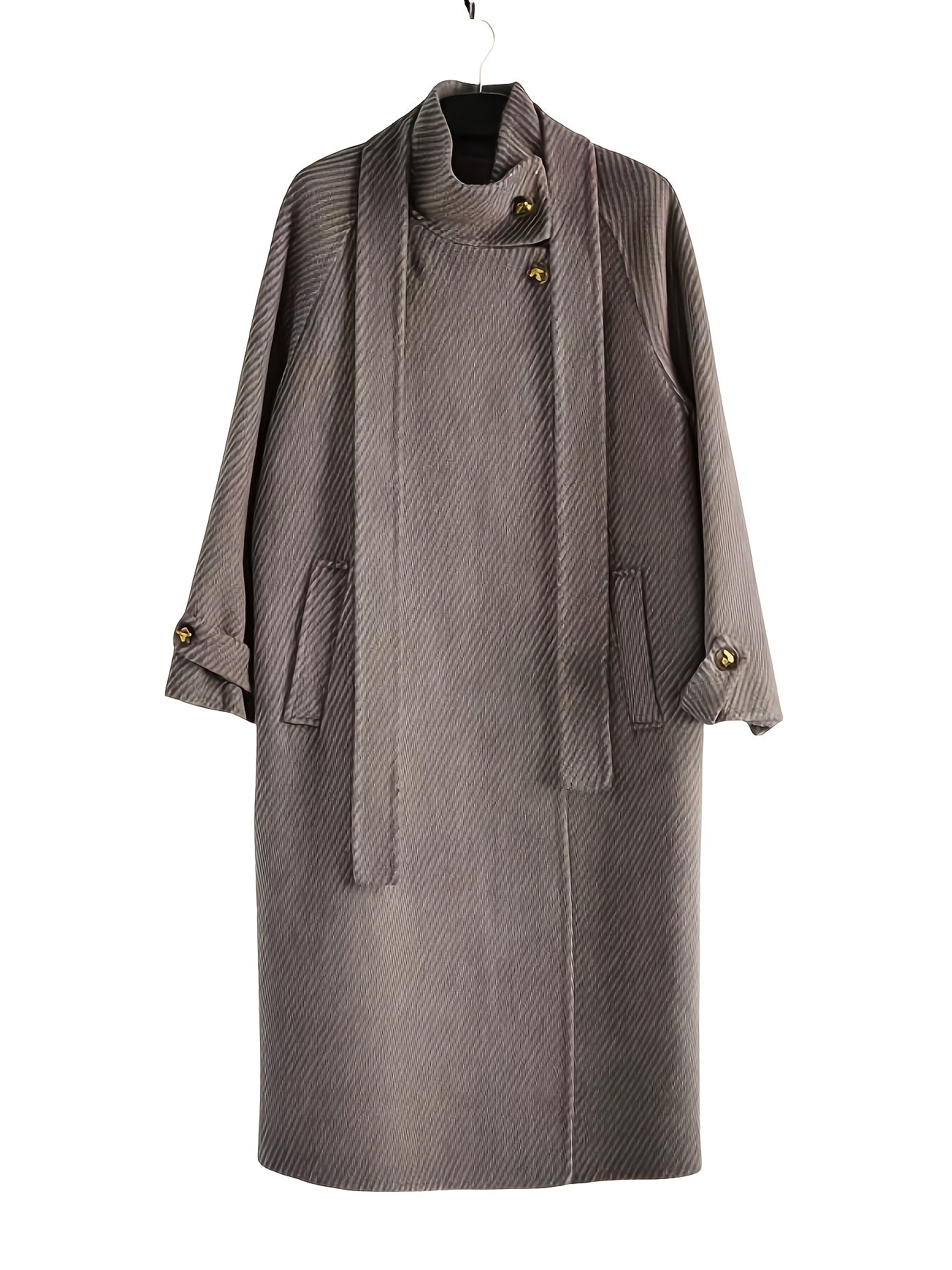 Autumn and Winter New Korean Style Stand Collar Loose Fit Long Over-the-Knee Wool Coat with Large Ribbed Pattern for Women