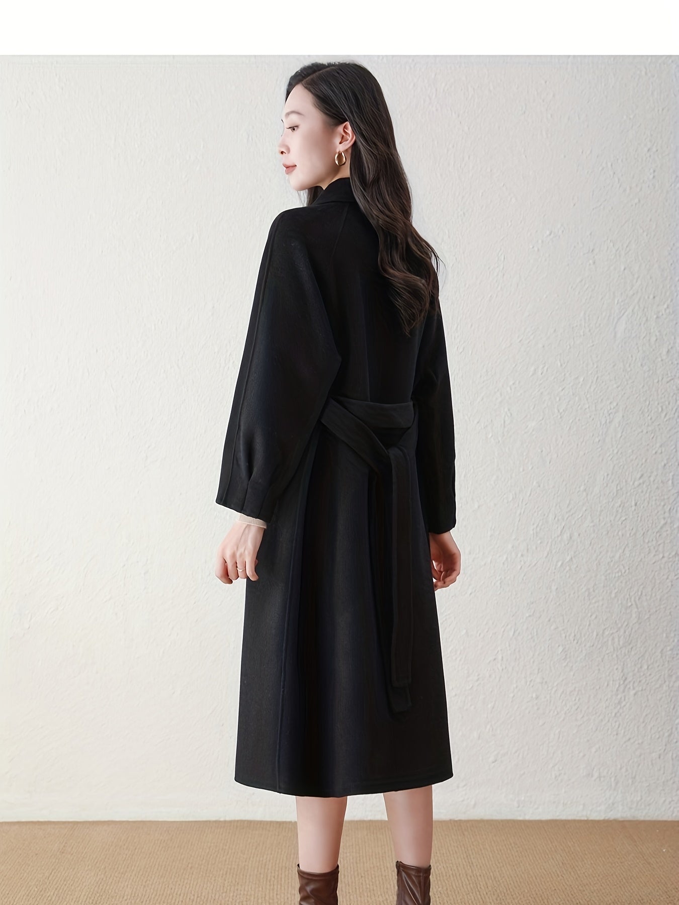 Elegant Wool Trench Coat 1pc Elegant Solid Color Wool Trench Coat - Long Sleeve, Button-Up with Belt, Non-Stretch Fabric, Loose Fit - Fall\u002FWinter Collection