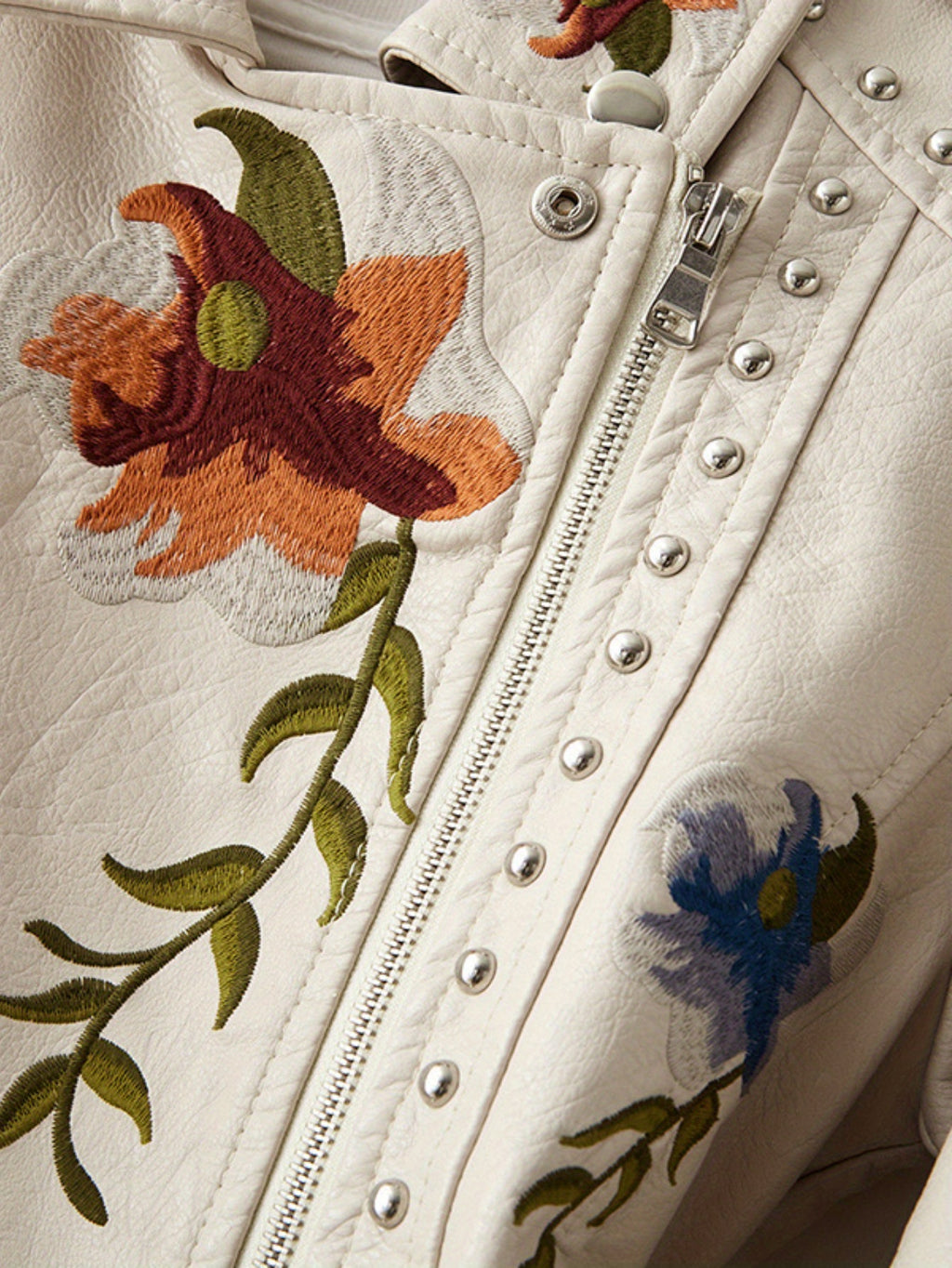 Women Floral Embroidered Moto PU Jacket Coat