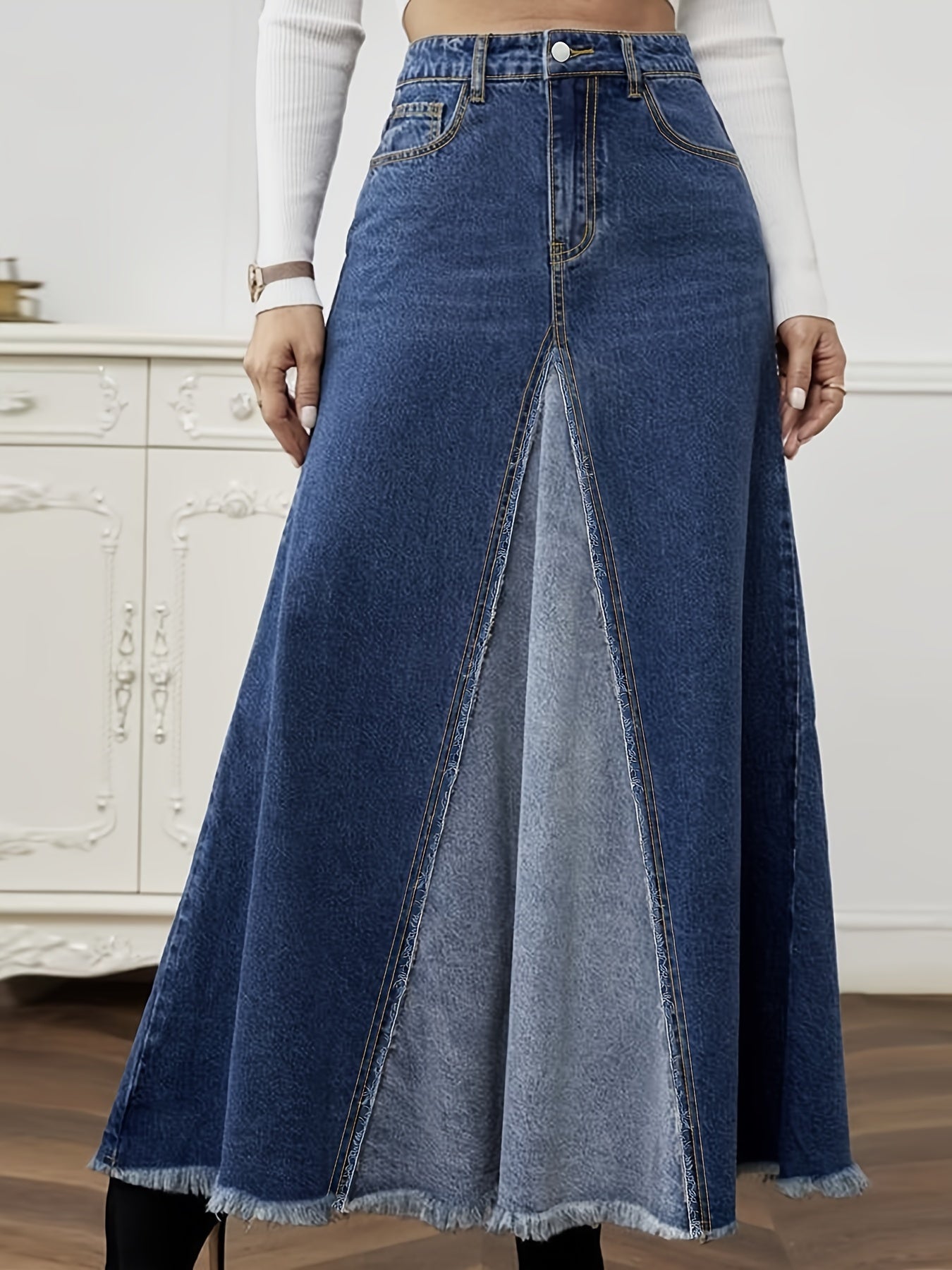 Plus Size High-Rise Casual Skirt, Stretchy Skinny Denim Skirt With Front Slit For Every Day, Women'S Clothing