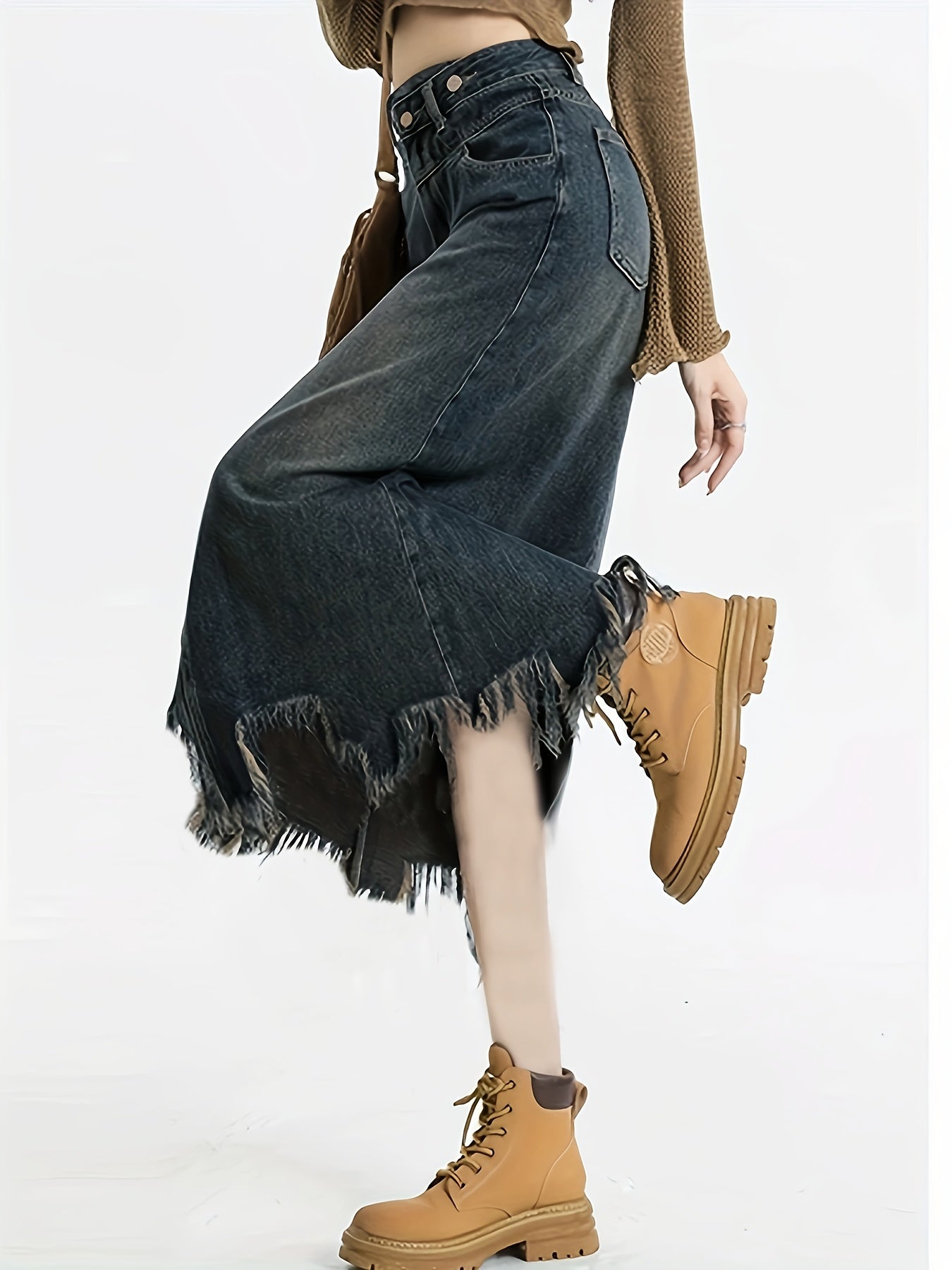 4001 Women'S Mid-Length Denim Skirt with Side Slit - Frayed Hem, Button Detail, Regular Fit, Non-Stretch Summer Skirt for Casual & Party Wear, Denim Skirt, Party Attire, Button Detail Skirt, Nonstretch Fabric