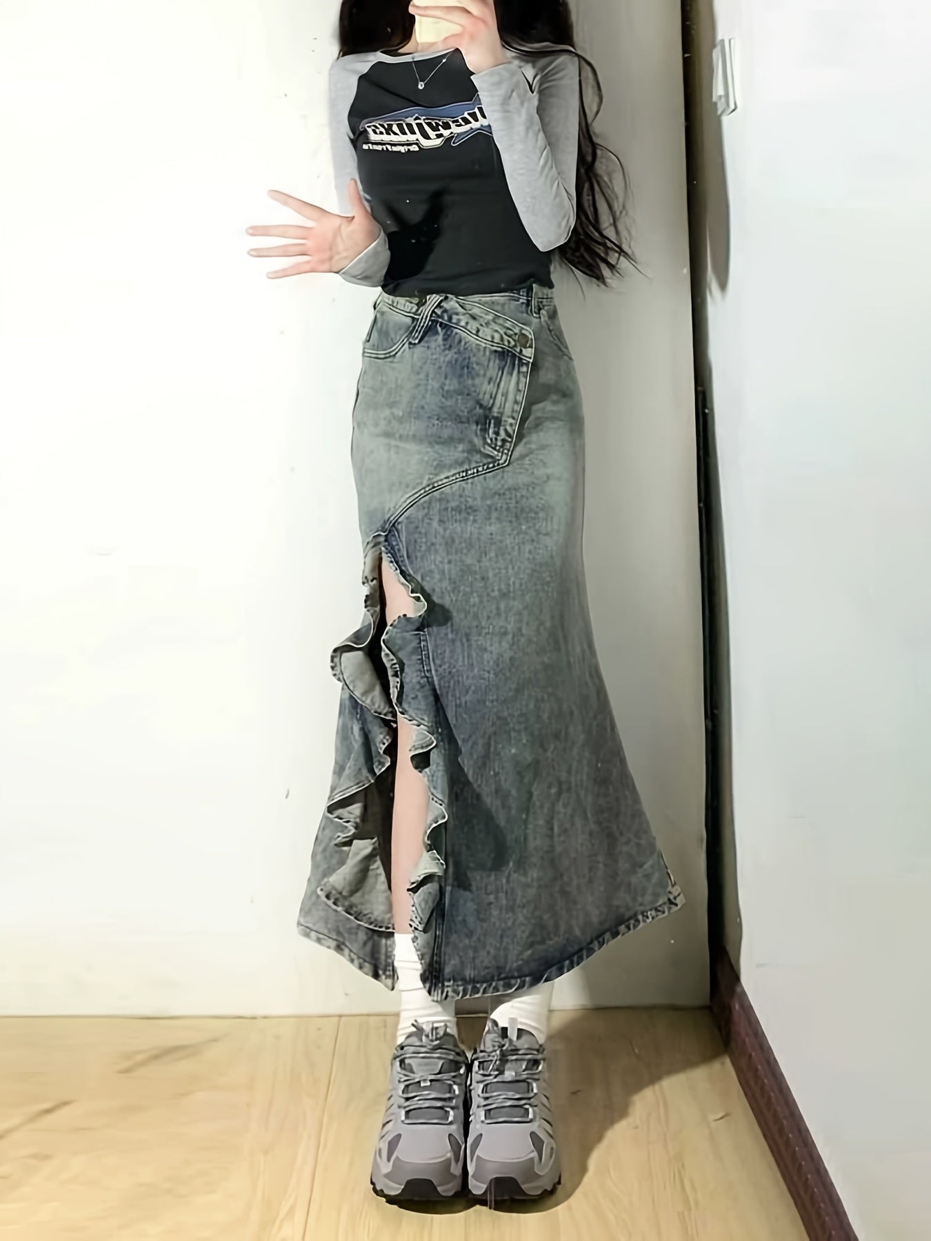 Everyday Comfort Women's High-Waist Denim Midi Skirt | Casual Fishtail Style with Wave Hem & Side Slits | Cotton-Polyester Blend | Machine Washable | Versatile for Spring\u002FSummer\u002FAutumn | Stylish Streetwear, Denim Skirt