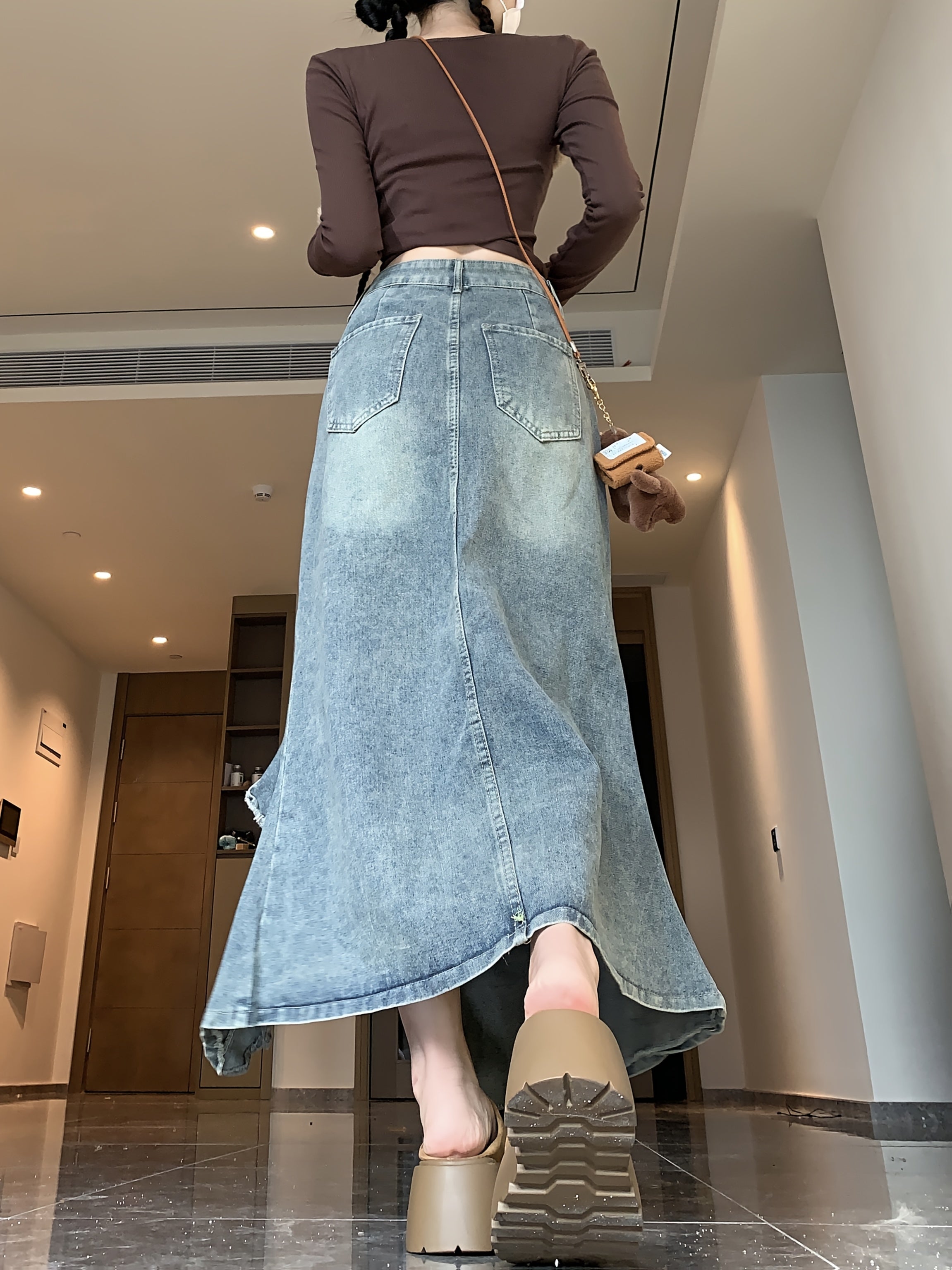 Everyday Comfort Women's High-Waist Denim Midi Skirt | Casual Fishtail Style with Wave Hem & Side Slits | Cotton-Polyester Blend | Machine Washable | Versatile for Spring\u002FSummer\u002FAutumn | Stylish Streetwear, Denim Skirt