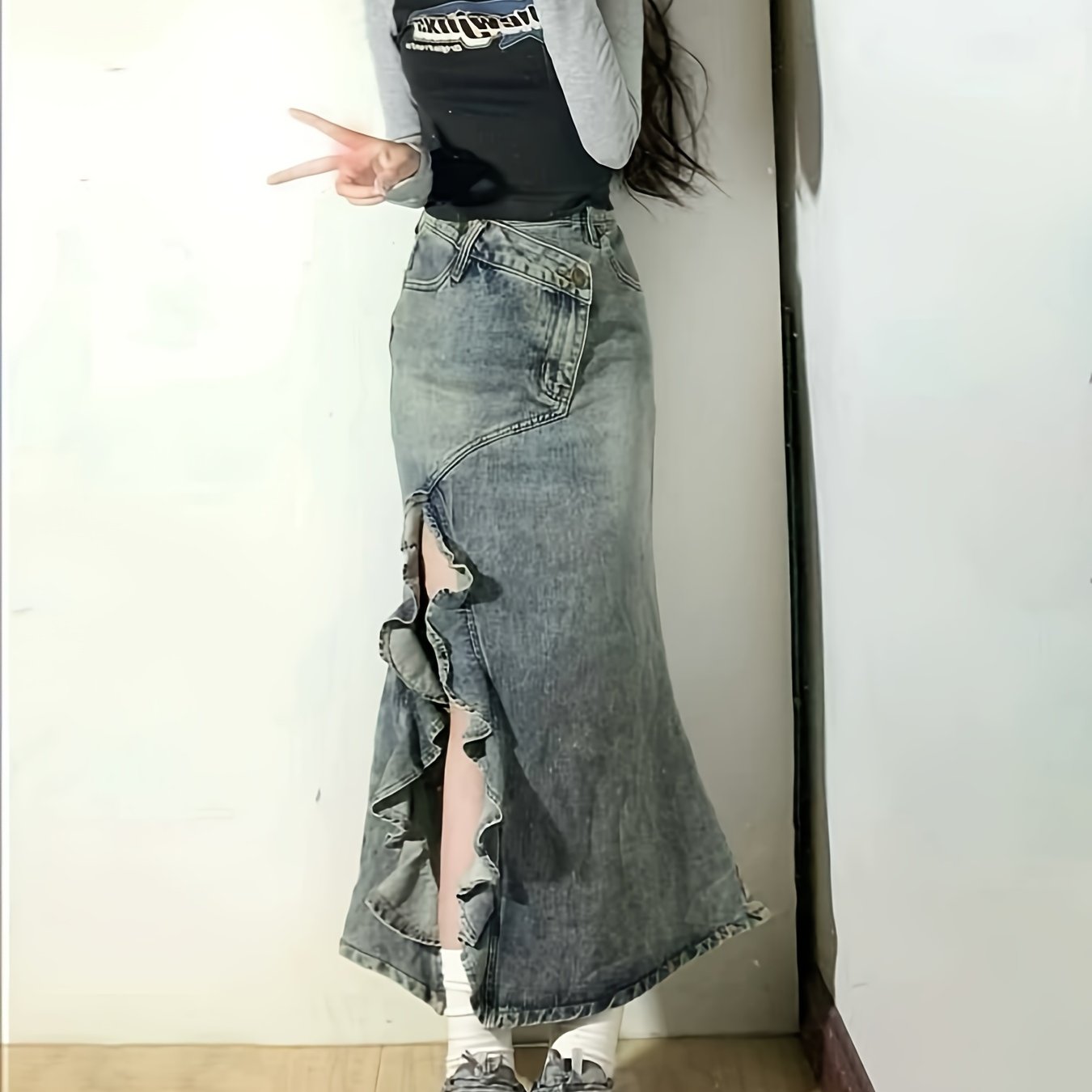Everyday Comfort Women's High-Waist Denim Midi Skirt | Casual Fishtail Style with Wave Hem & Side Slits | Cotton-Polyester Blend | Machine Washable | Versatile for Spring\u002FSummer\u002FAutumn | Stylish Streetwear, Denim Skirt