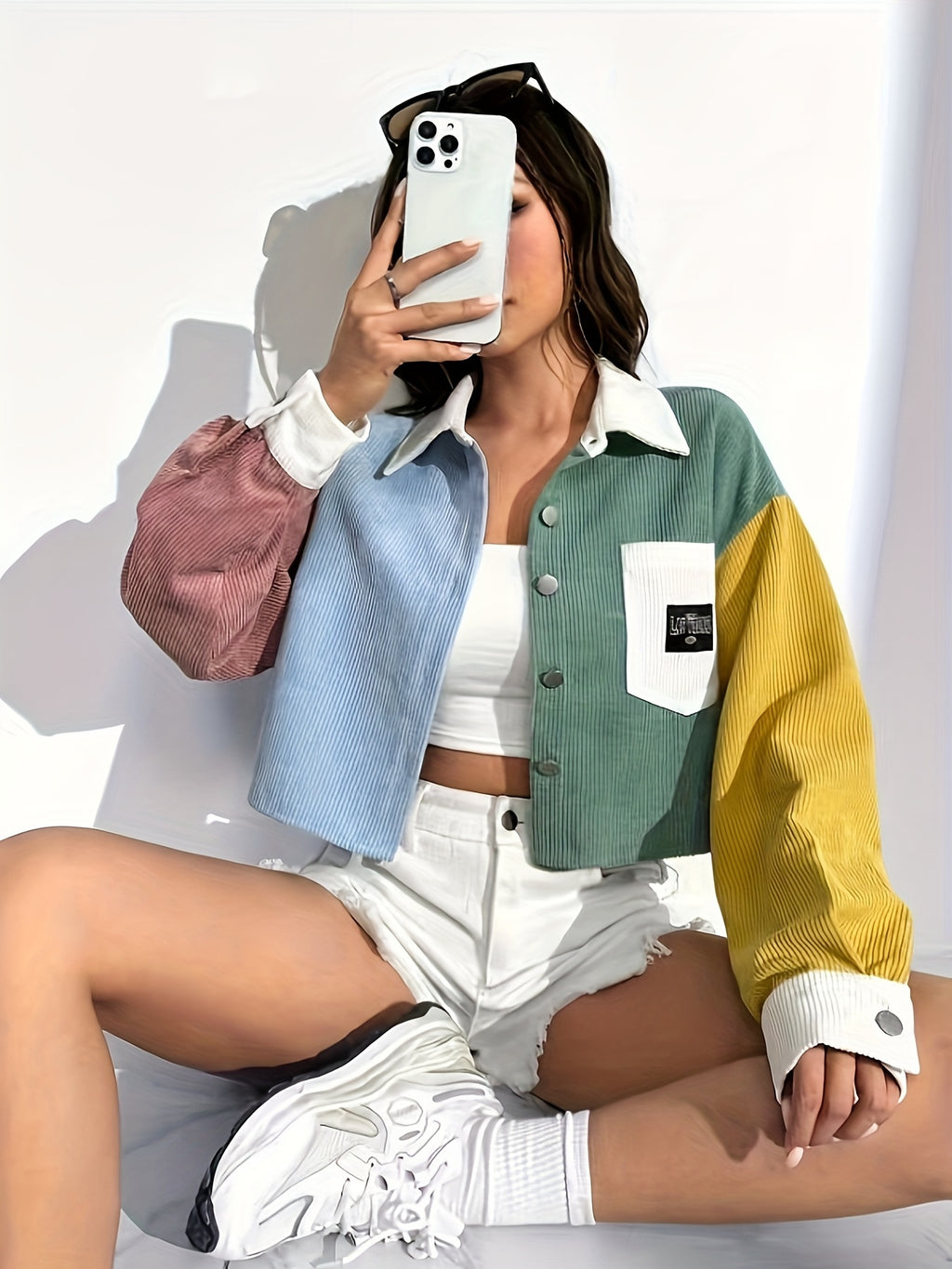 Color Block Letter Patch Off Shoulder Jacket
