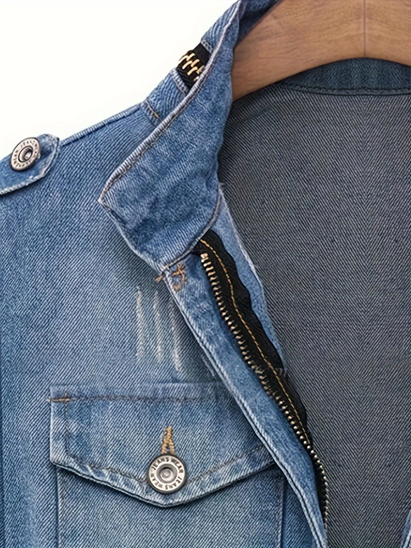 1pc Women'S Plus Size Casual Faux Denim Jacket - Solid Color Cotton Lapel Jean Tops with Pockets, Non-Stretch Woven Fabric, Ripped Zip-Up Long Sleeve Outerwear for Spring\u002FFall