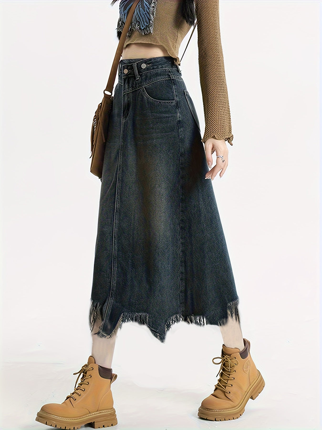 4001 Women'S Mid-Length Denim Skirt with Side Slit - Frayed Hem, Button Detail, Regular Fit, Non-Stretch Summer Skirt for Casual & Party Wear, Denim Skirt, Party Attire, Button Detail Skirt, Nonstretch Fabric