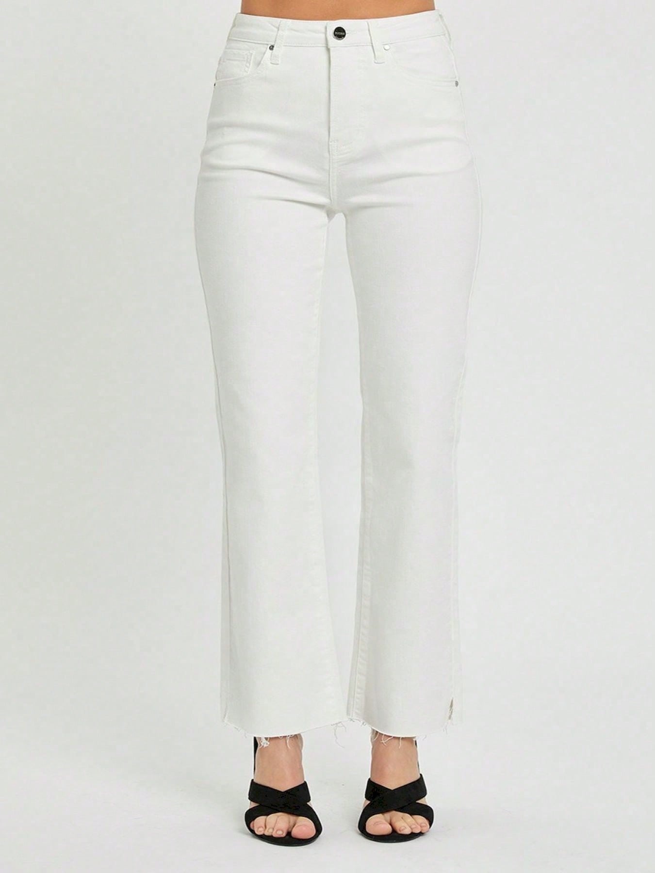 Womens Casual Cropped Jeans High-Waisted Tummy Control Straight Leg Denim Pants White Denim with Raw Hem Button and Zipper Closure Casual Fit for All Season Daily Wear