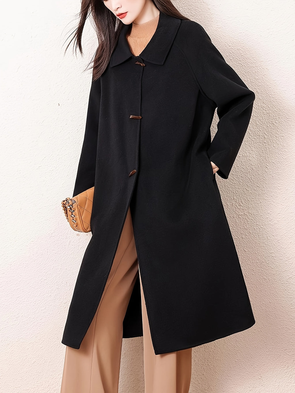 Women's Tweed Coat - Dual-Sided Mid-Length Wool-Textured Jacket with Notch Lapel Collar & Belted Waist, Solid Black Casual Chic Outerwear for Fall Winter, Semiformal Attire, Structured Design