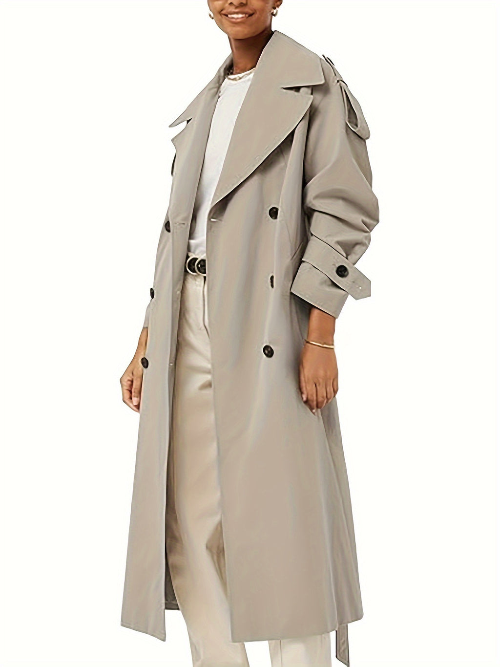 Women's Oversized Beige Trench Coat - Double Breasted, Windproof, Casual Style with Belt, Machine Washable, Polyester, Versatile Fashion | Doublebreasted Coat | Durable Polyester