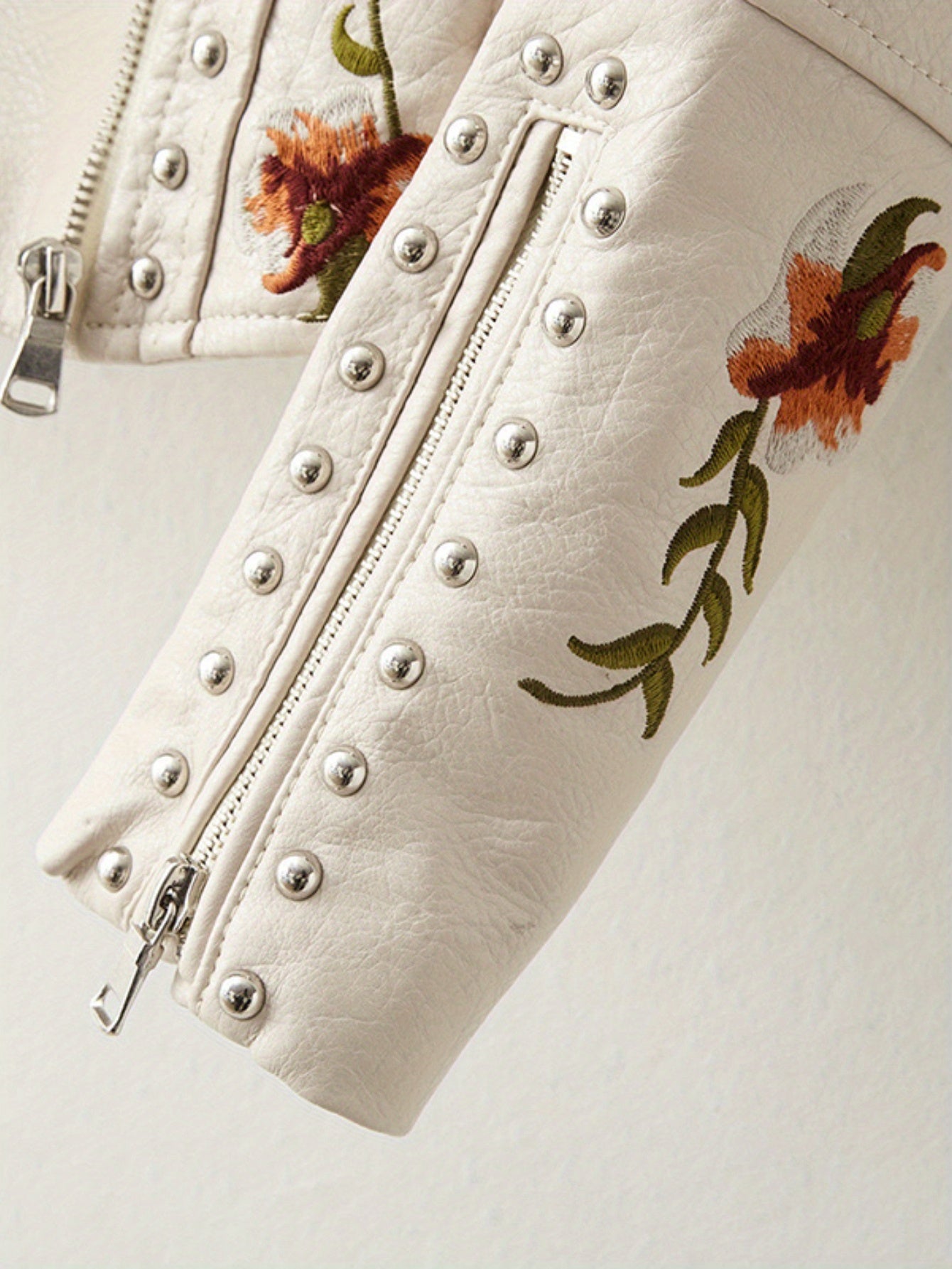Women Floral Embroidered Moto PU Jacket Coat