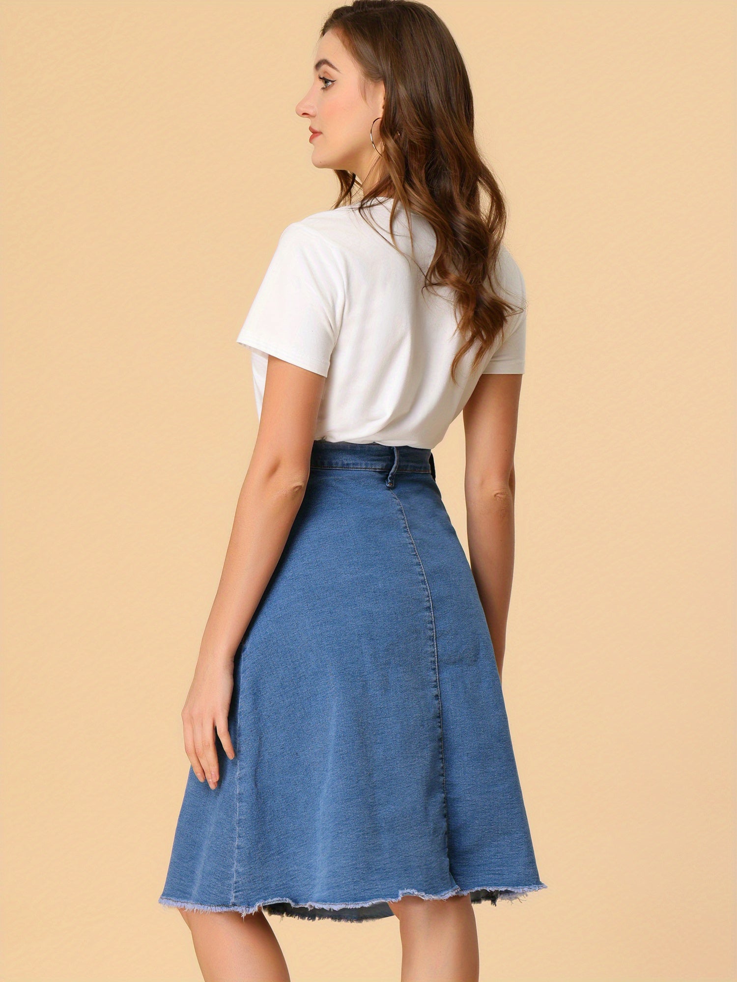 Women'S Denim Skirts Raw Hem Button Midi Jeans Skirt