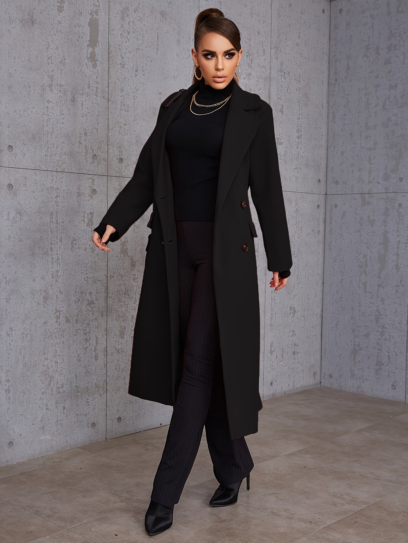 Women'S Double Breasted Over Knee Long Trench Coat Classic Lapel Slim Overcoat With Pockets