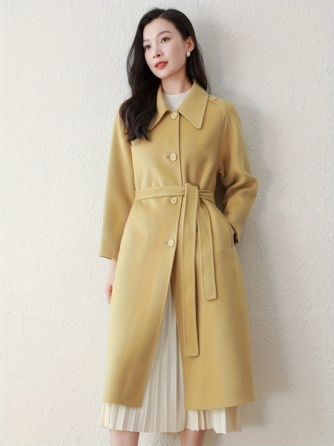 Elegant Wool Trench Coat 1pc Elegant Solid Color Wool Trench Coat - Long Sleeve, Button-Up with Belt, Non-Stretch Fabric, Loose Fit - Fall\u002FWinter Collection