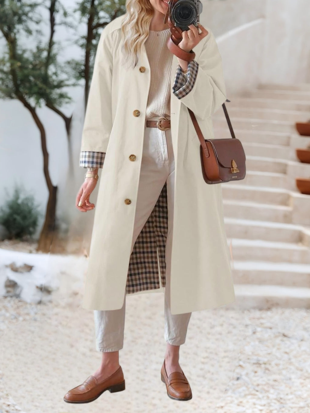 Women'S Oversized Long Trench Coat - Windproof Casual Outerwear with Single-Breasted Button Details, Beige, Long Length, Polyester, Perfect for Spring & Fall