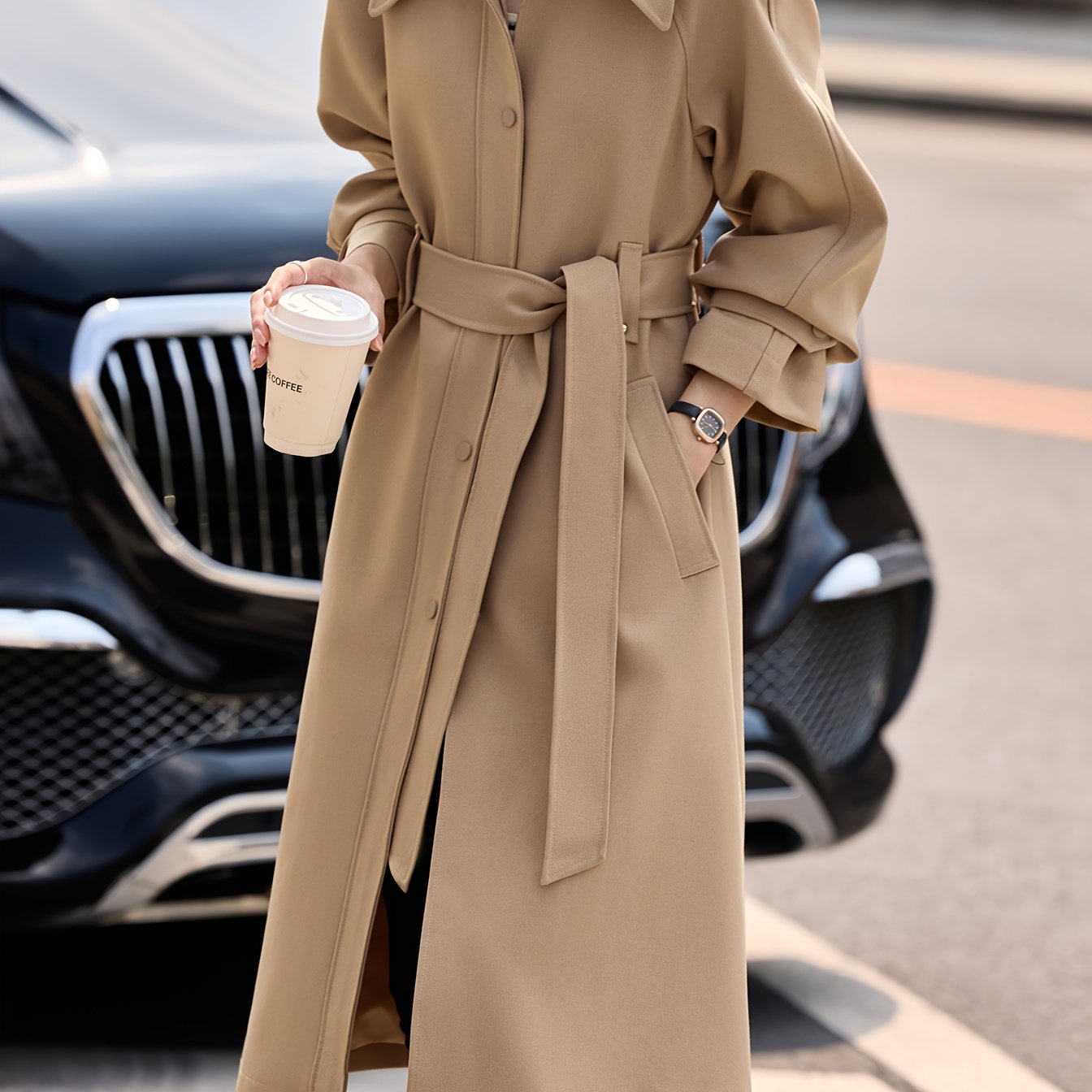 MOHOMO Women's Elegant Beige Trench Coat - Long Sleeve, Button-Up Lapel Collar, Belted Waist, Polyester Fabric, Perfect for Fall Commute & Party Wear, Party Trench Coat | Belted Trench Coat | Halfbutton Closure